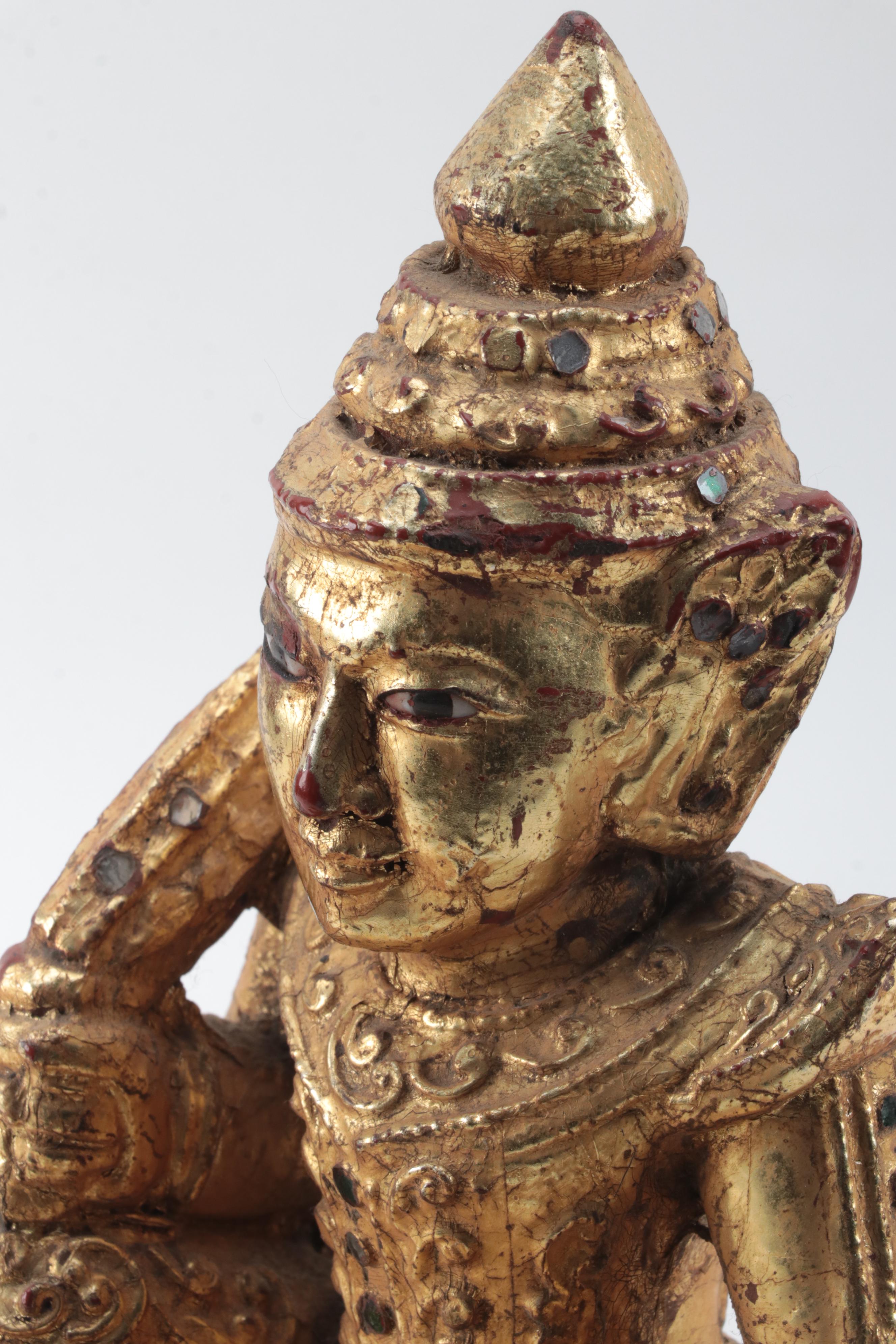 Burmese Mandalay Style Carved Wood Temple Figure, Mid-20th Century