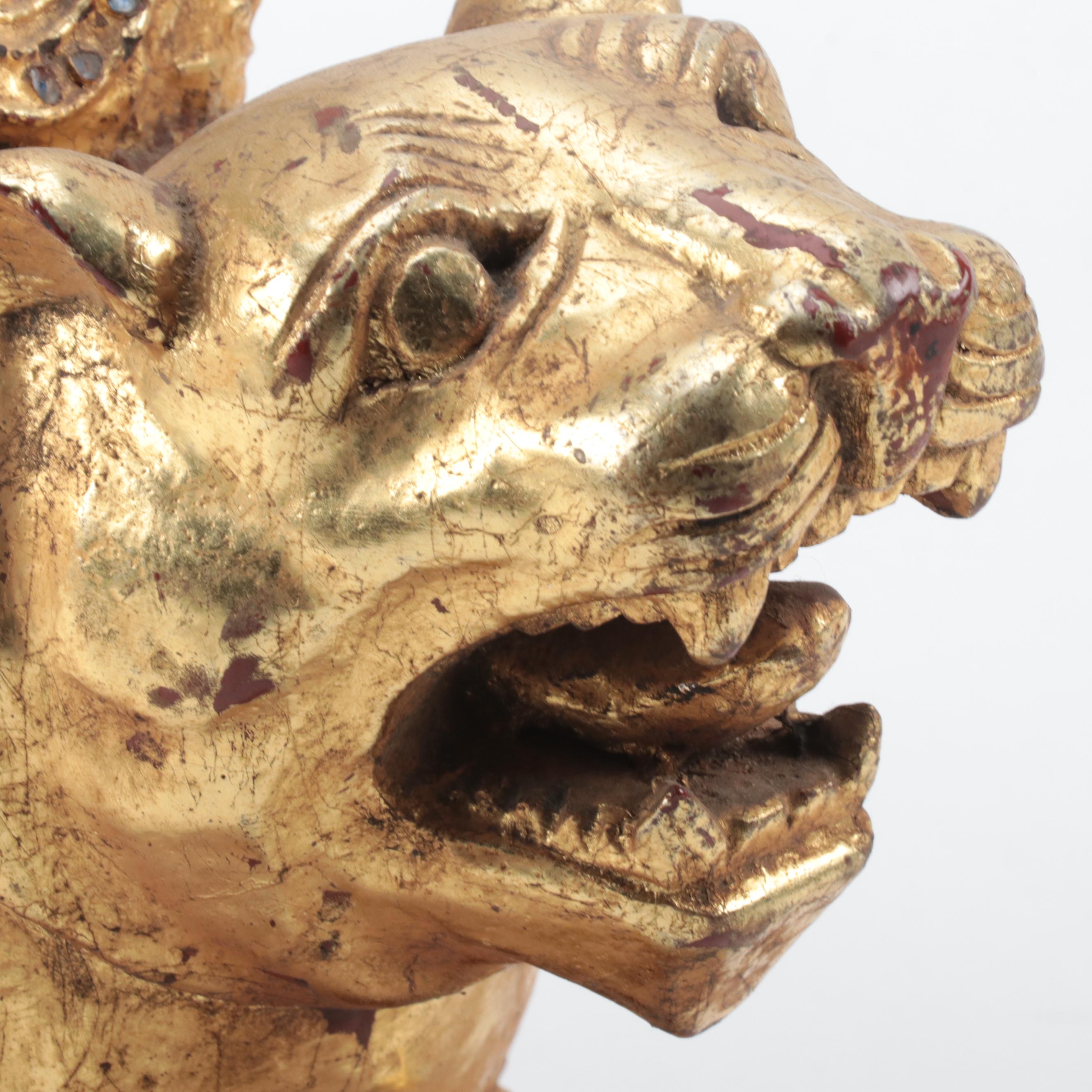 Burmese Mandalay Style Carved Wood Temple Figure, Mid-20th Century