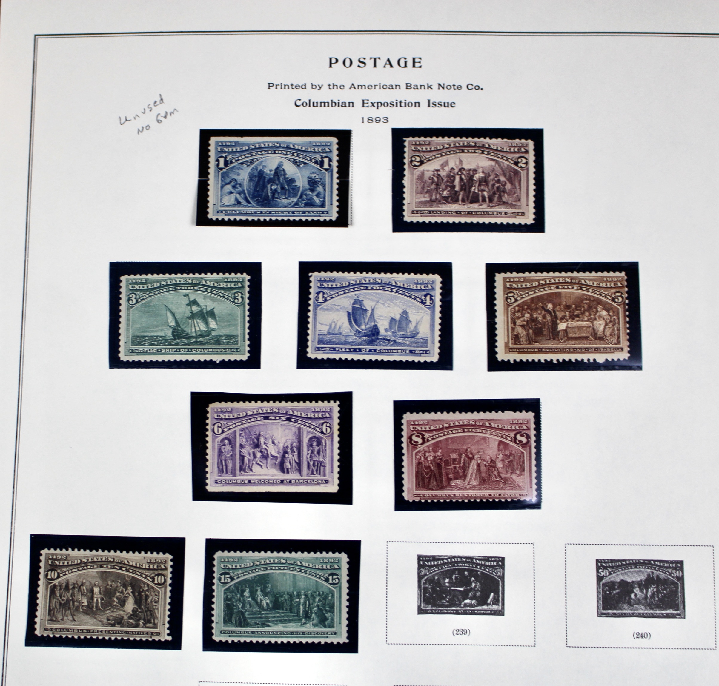 Nine Unused 1893 Columbian Exposition Postage Stamps
