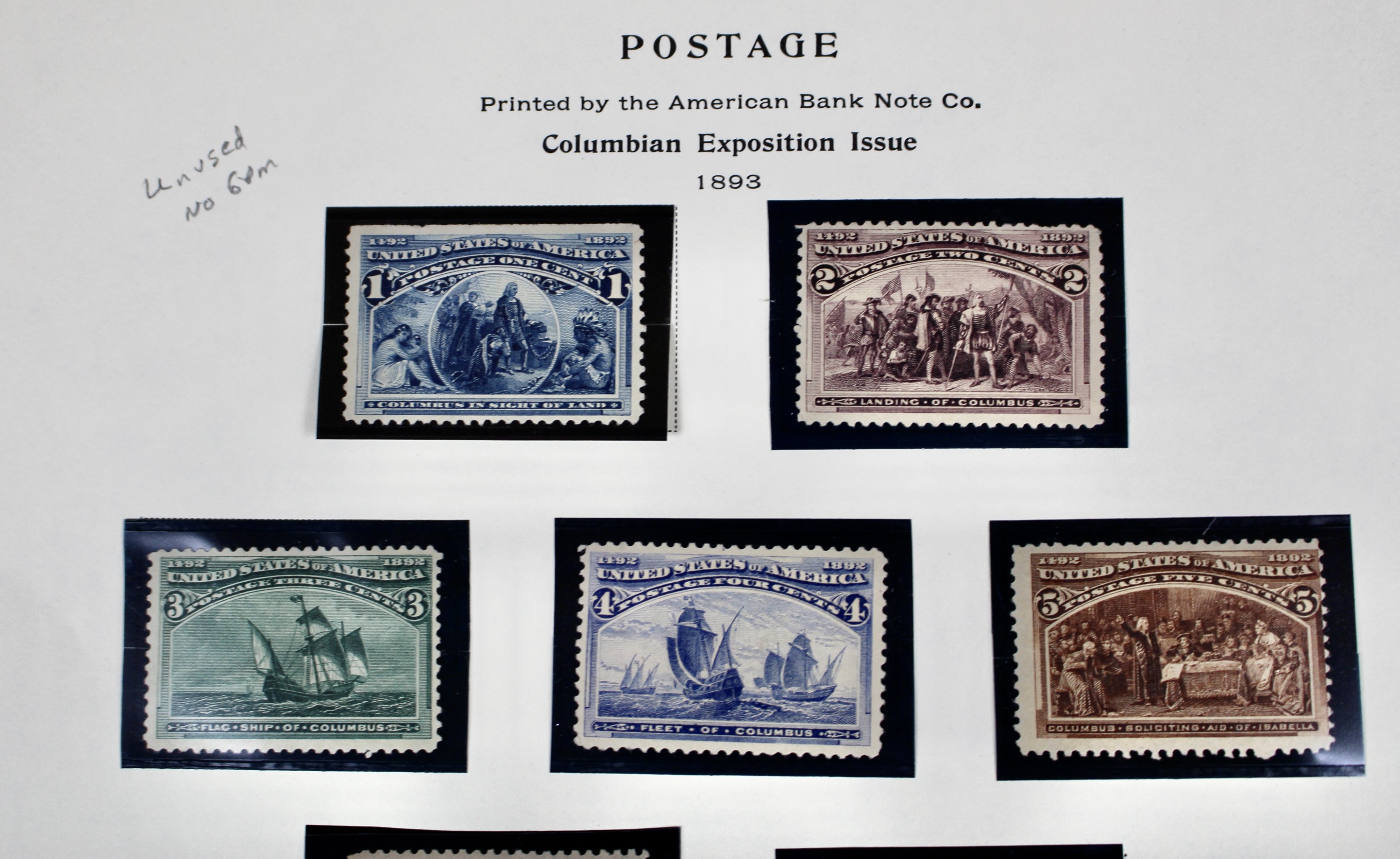 Nine Unused 1893 Columbian Exposition Postage Stamps