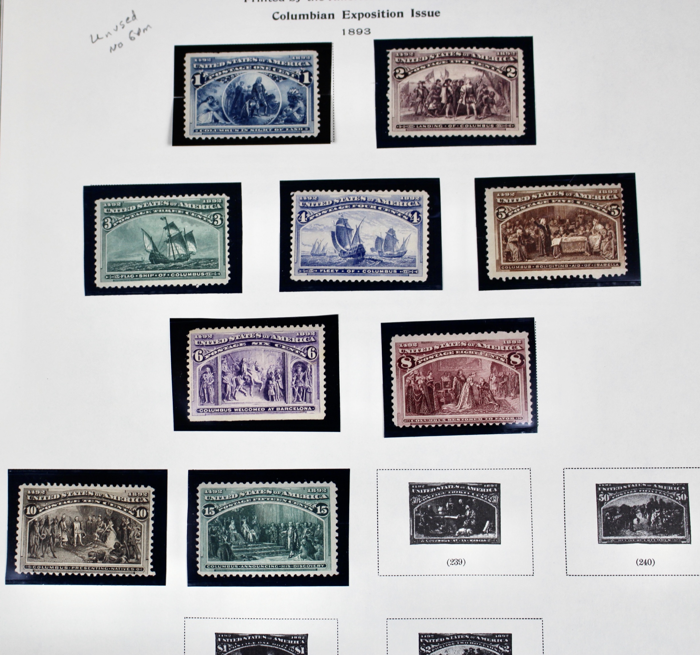 Nine Unused 1893 Columbian Exposition Postage Stamps