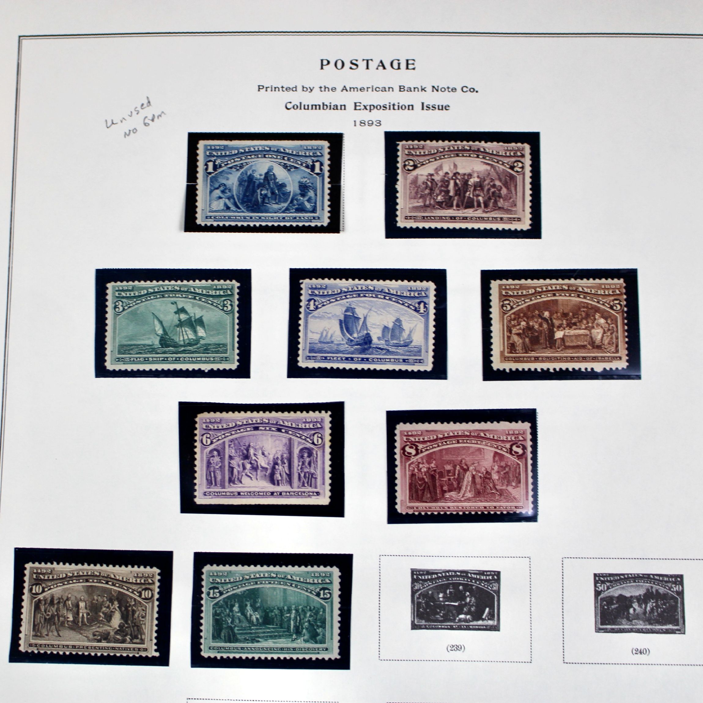 Nine Unused 1893 Columbian Exposition Postage Stamps
