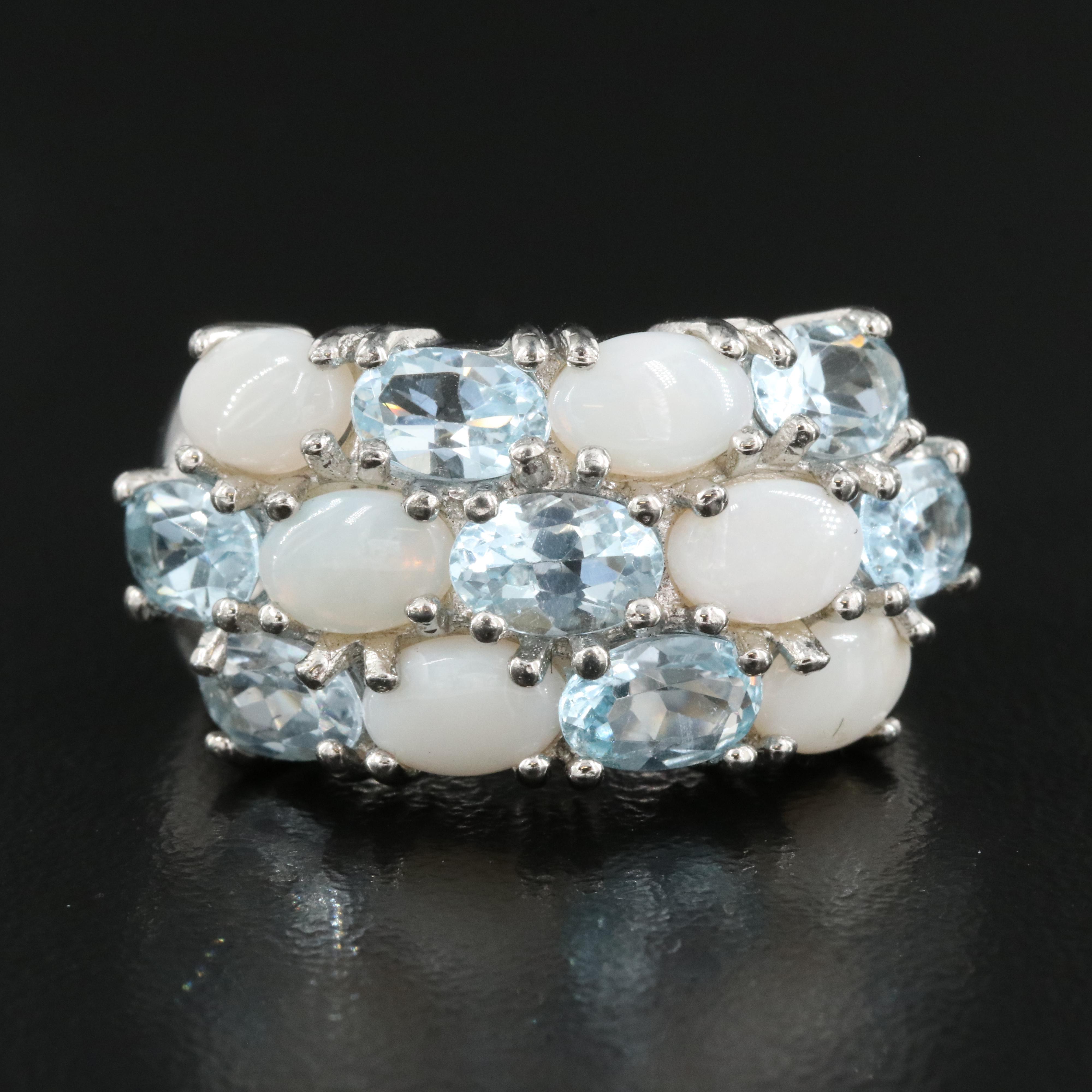 Sterling Sky Blue Topaz and Opal Cluster Ring