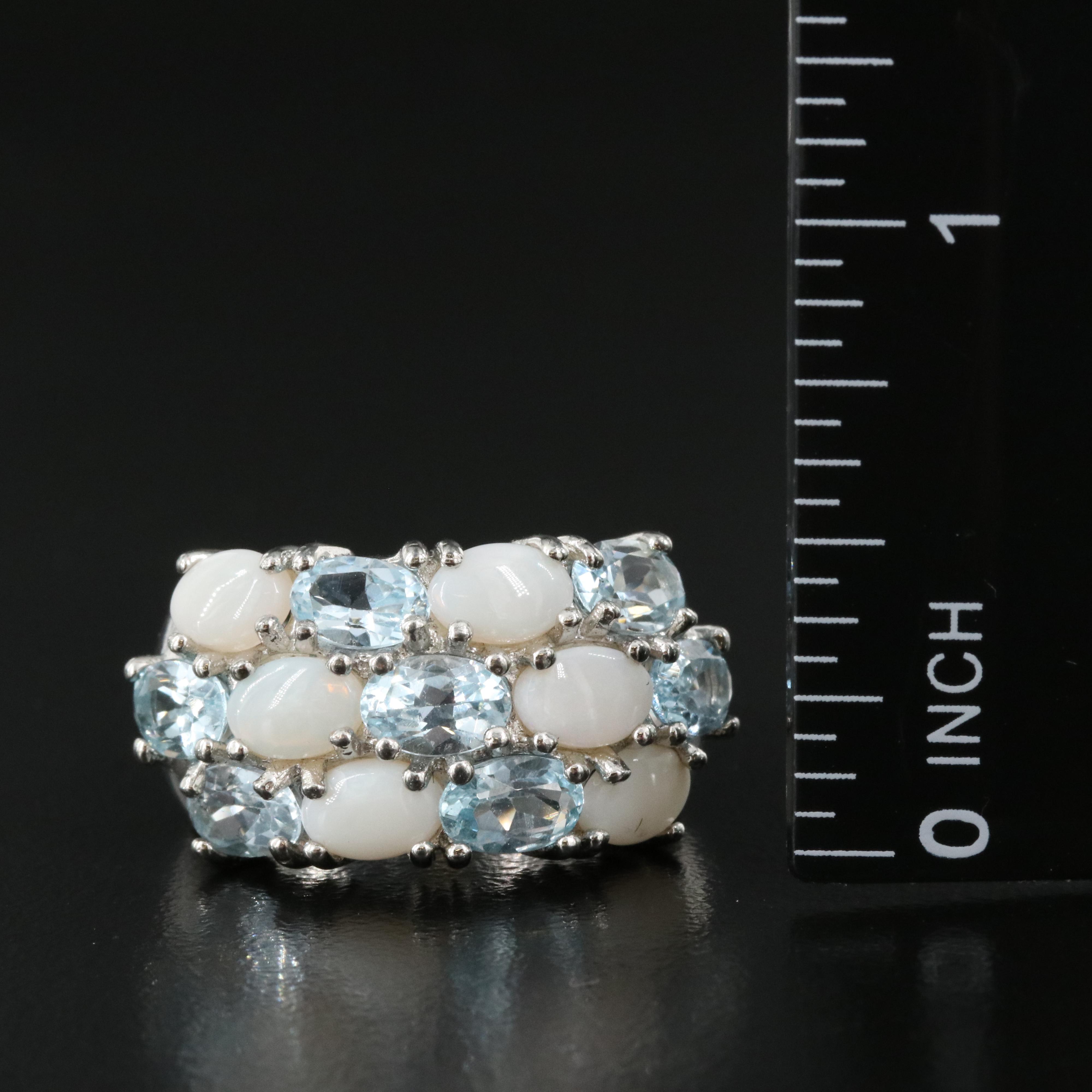 Sterling Sky Blue Topaz and Opal Cluster Ring