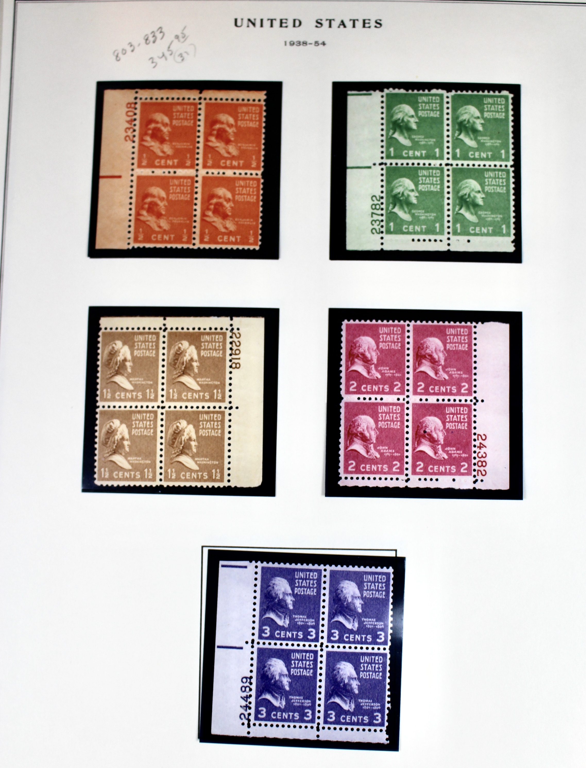 1938 Presidential Series Postage Stamps, Singles and Plate Blocks
