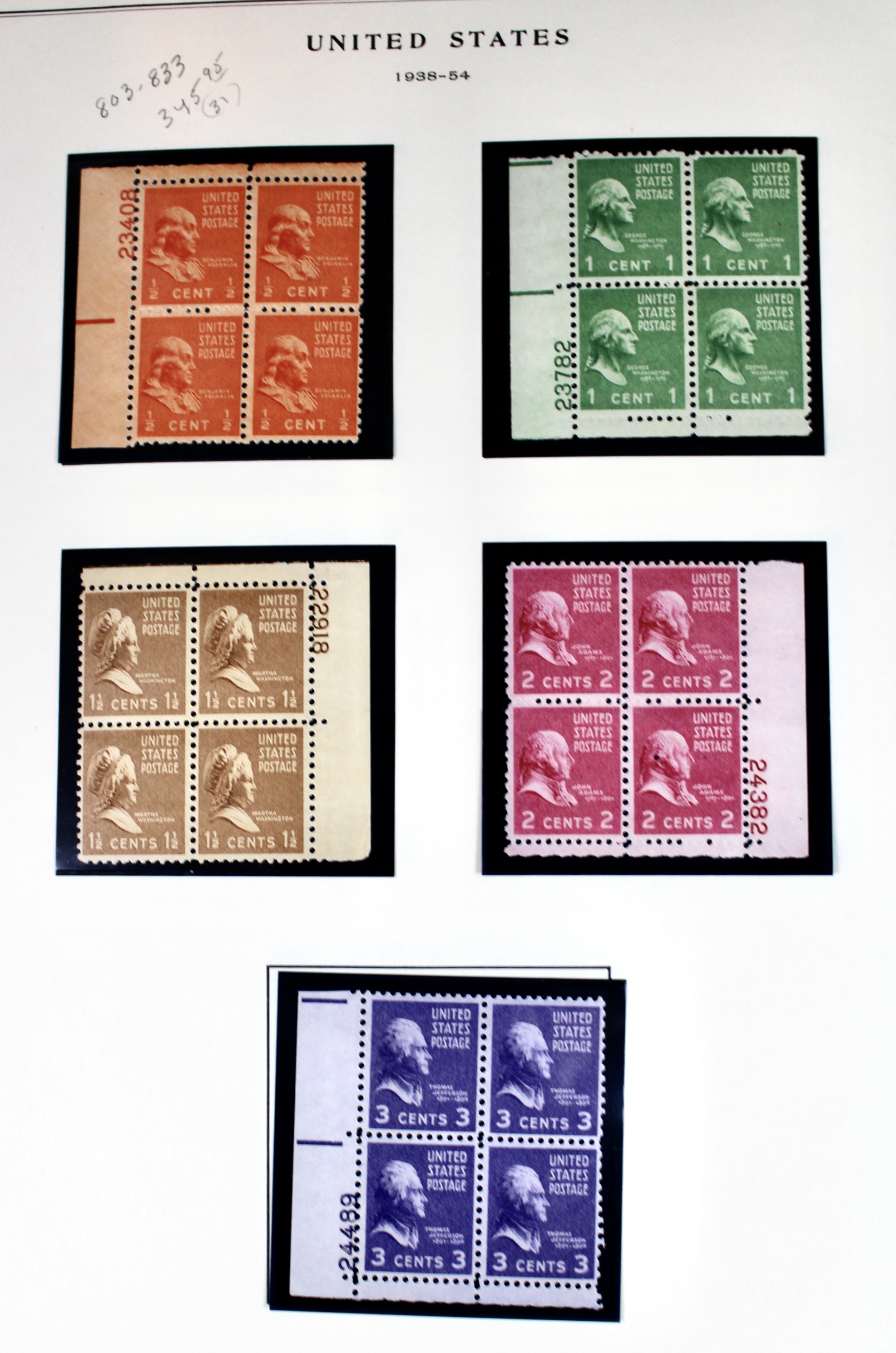 1938 Presidential Series Postage Stamps, Singles and Plate Blocks