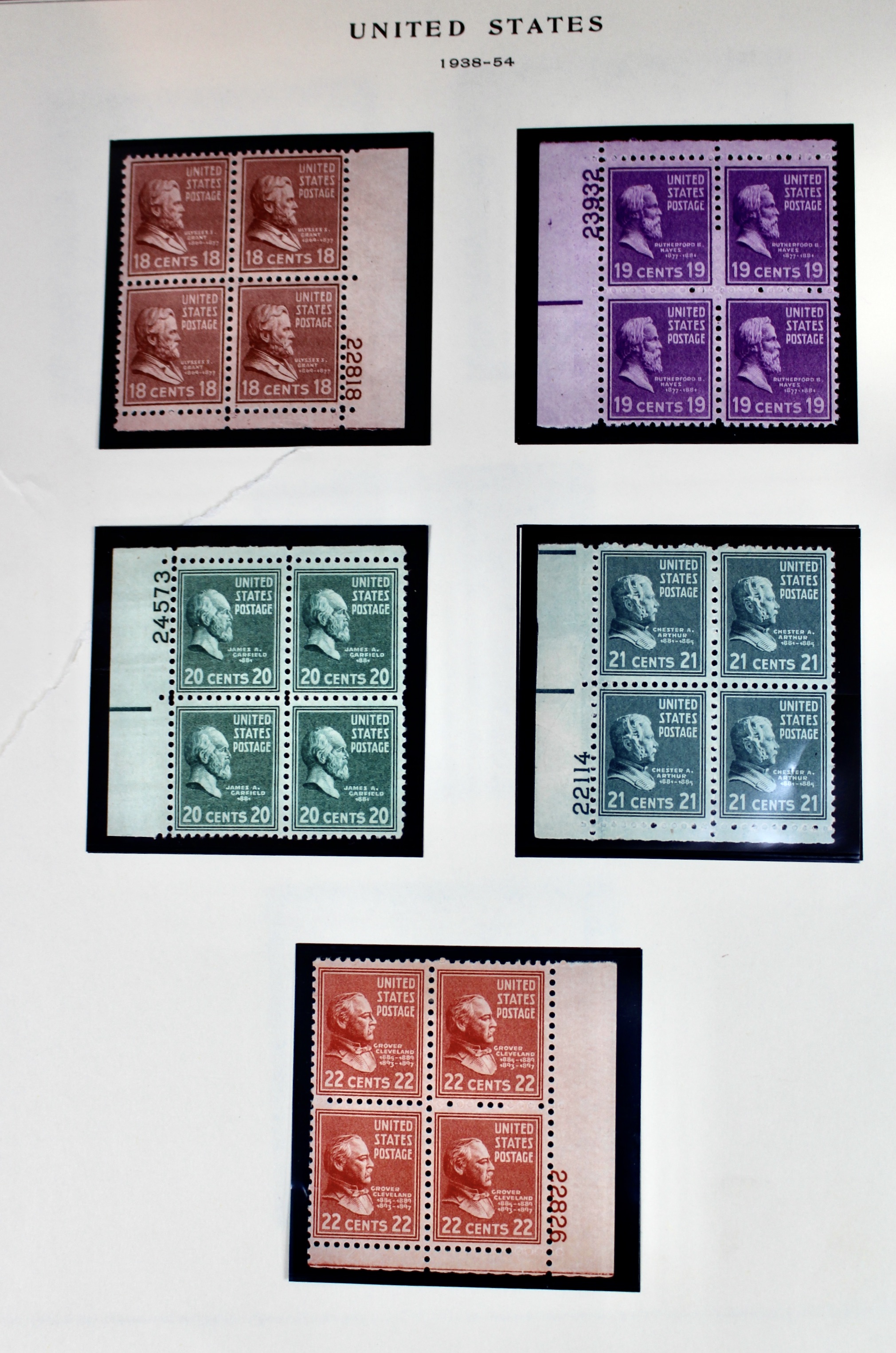 1938 Presidential Series Postage Stamps, Singles and Plate Blocks