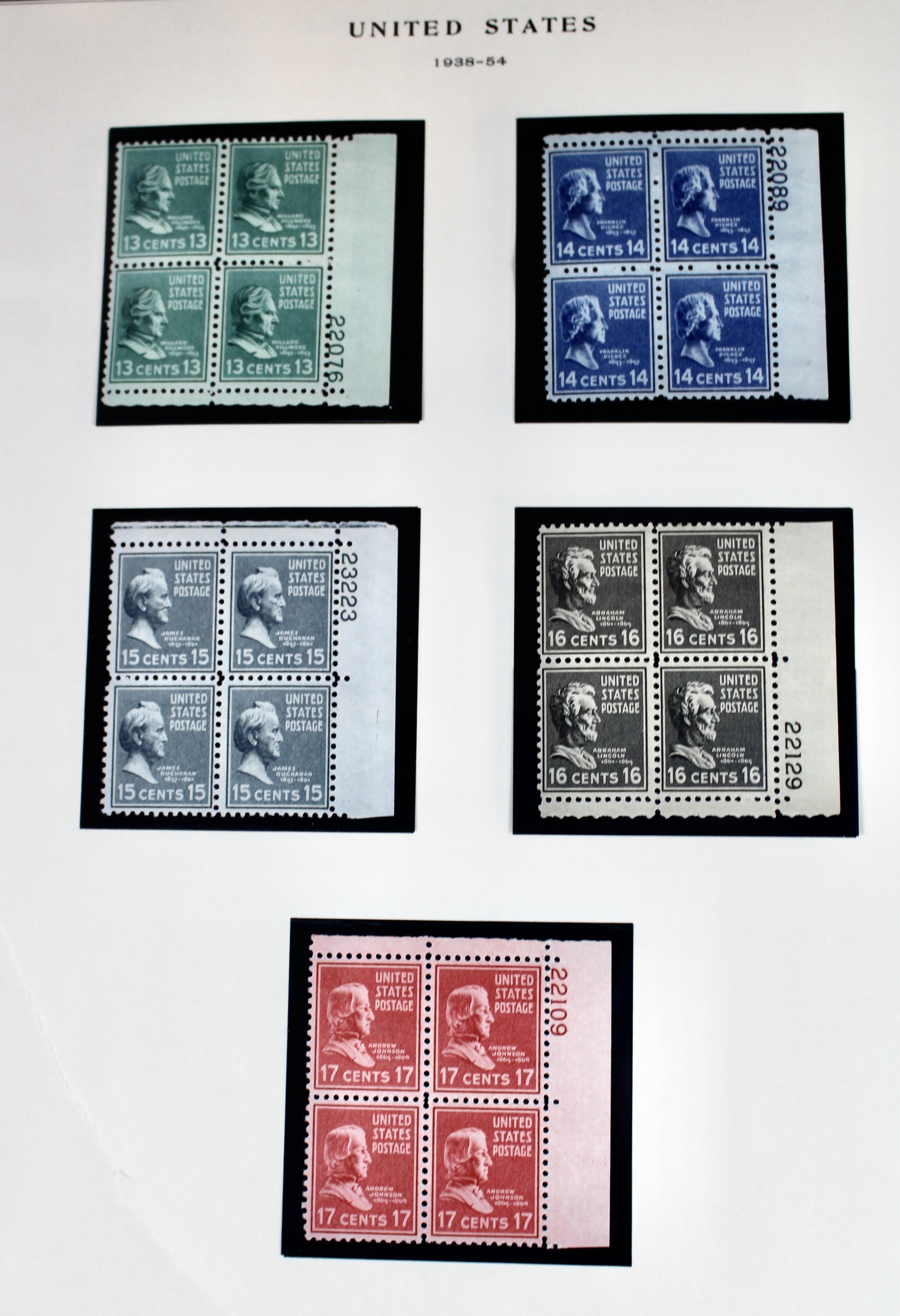 1938 Presidential Series Postage Stamps, Singles and Plate Blocks