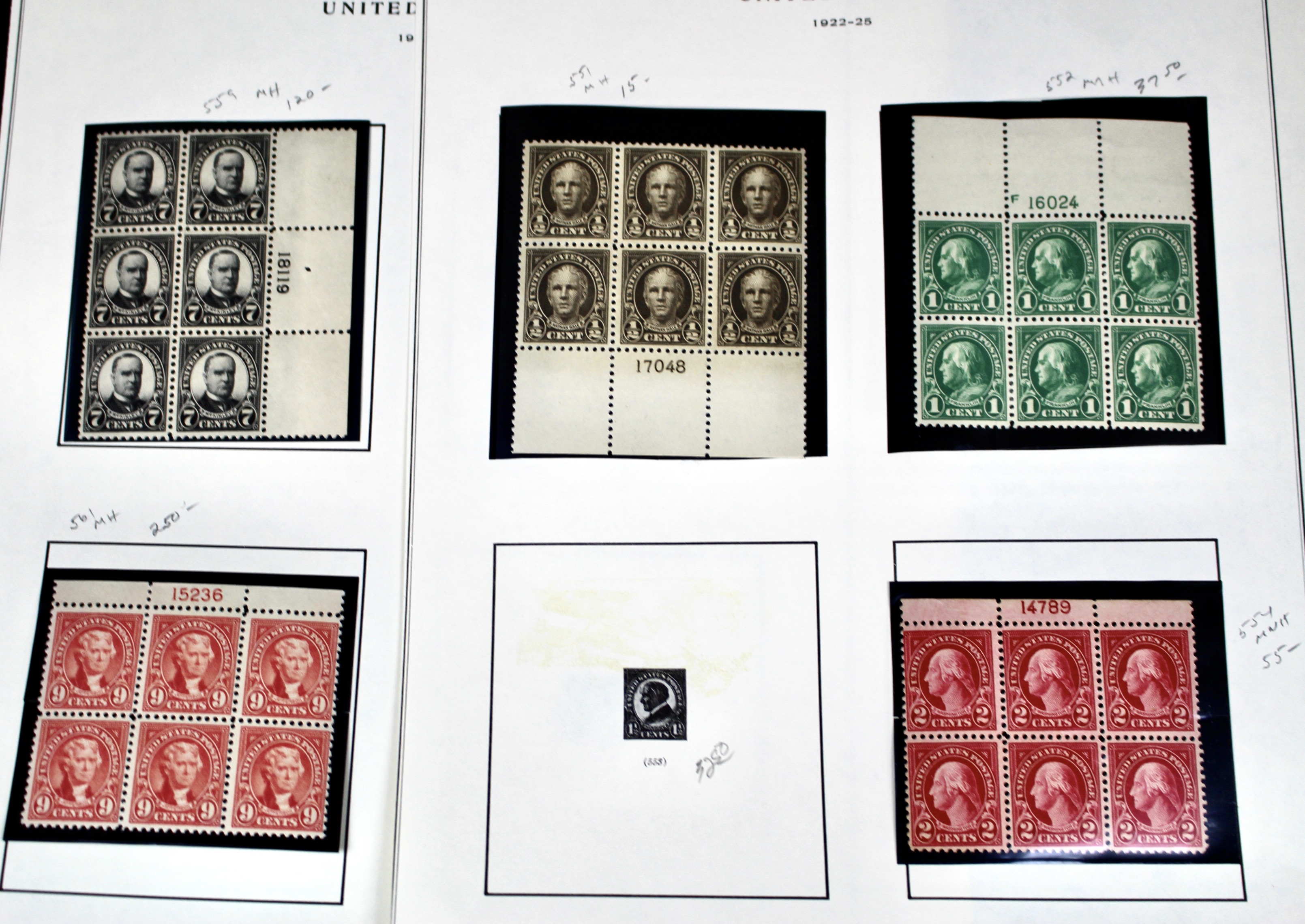 Five Early U.S. Postage Stamp Plate Blocks