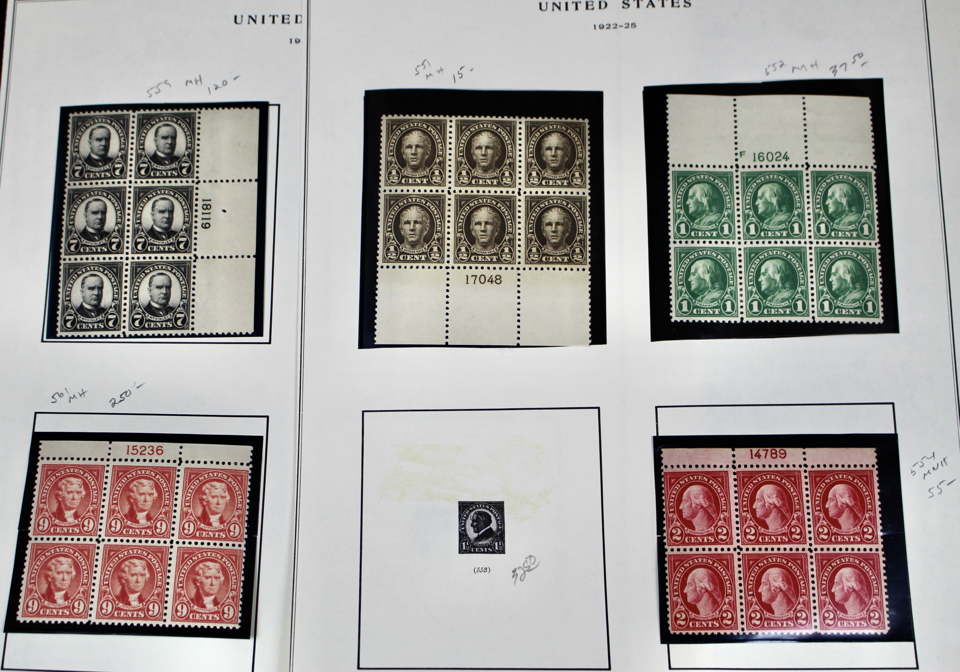 Five Early U.S. Postage Stamp Plate Blocks