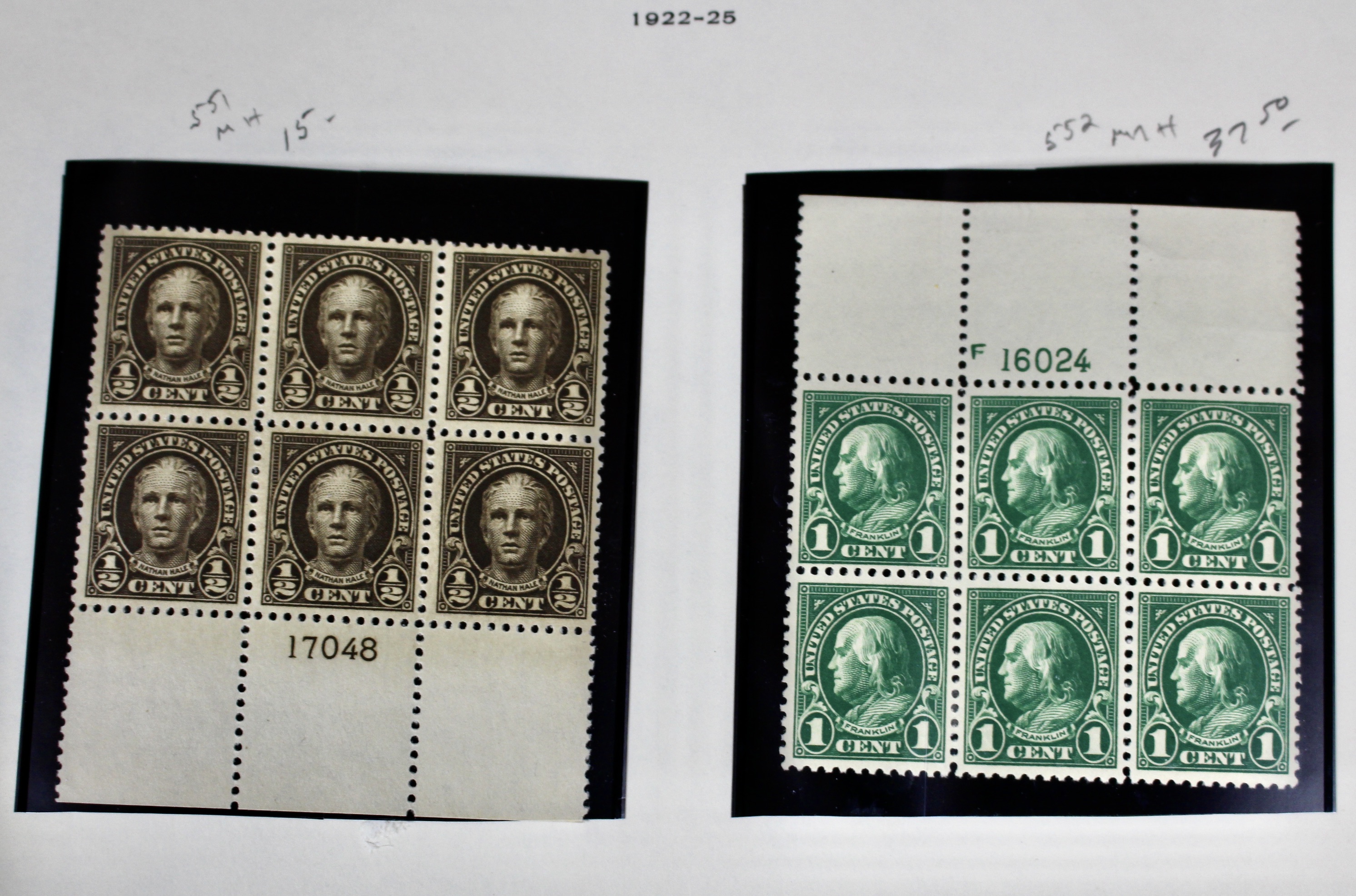Five Early U.S. Postage Stamp Plate Blocks