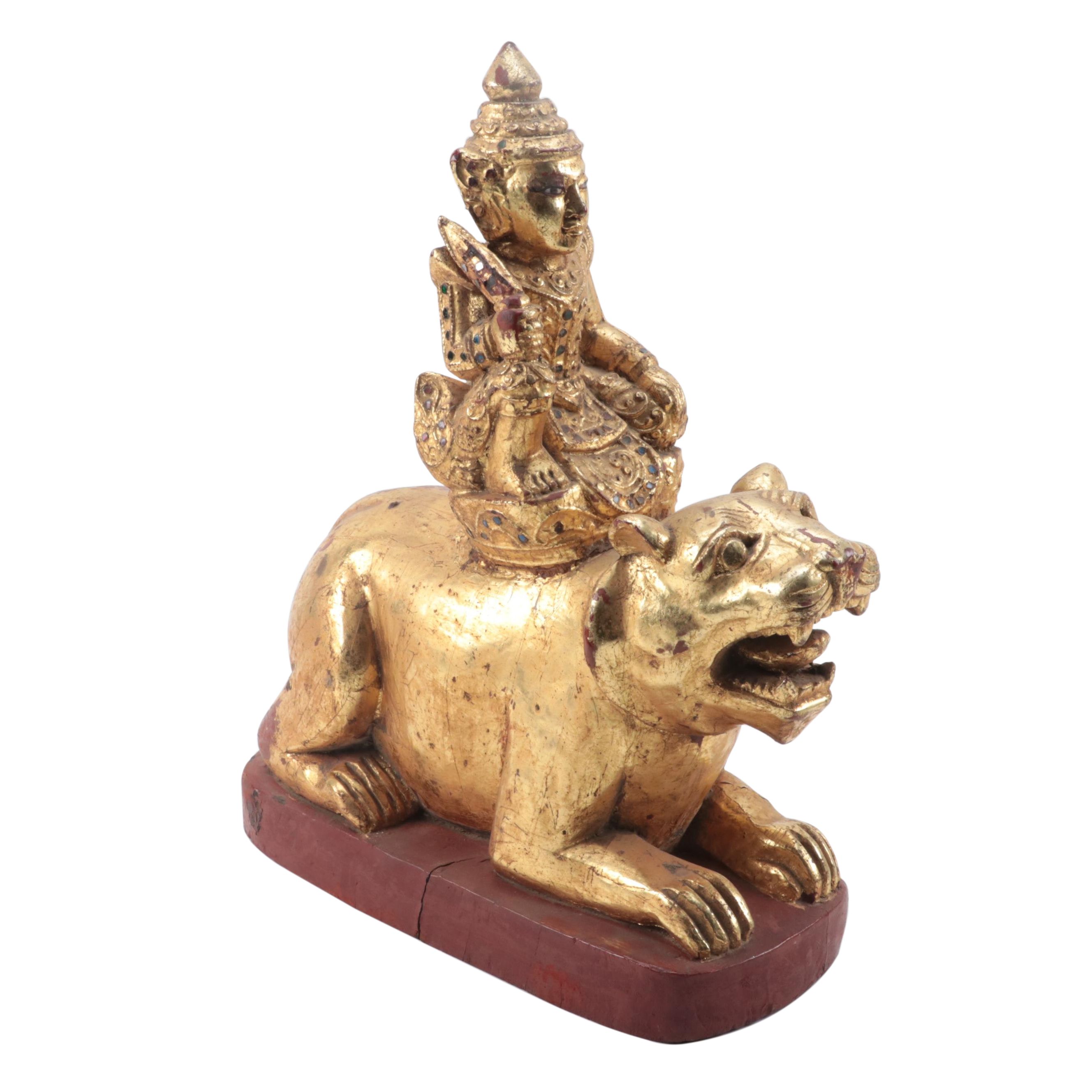 Burmese Mandalay Style Carved Wood Temple Figure, Mid-20th Century