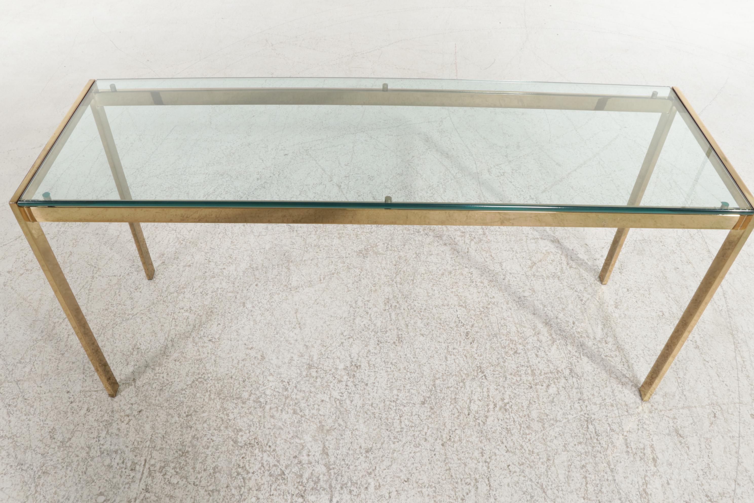 Modernist Glass Top Hall Table with Gold-Toned Metal Base, Late 20th Century