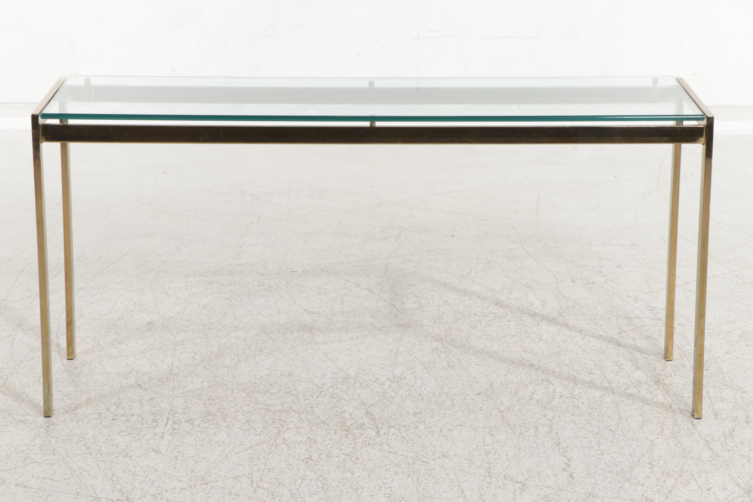 Modernist Glass Top Hall Table with Gold-Toned Metal Base, Late 20th Century