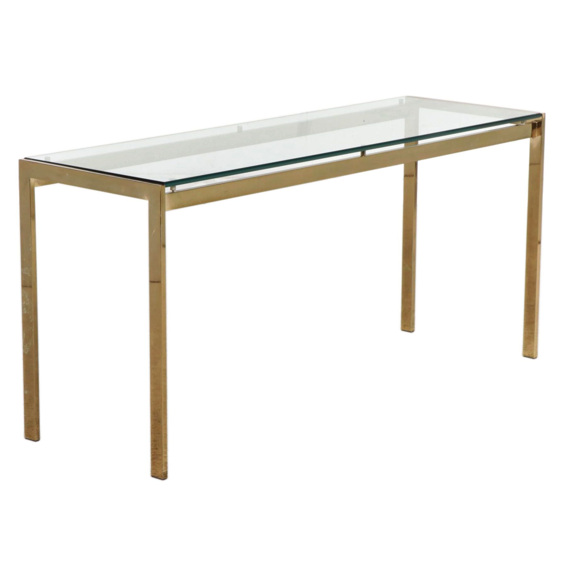 Modernist Glass Top Hall Table with Gold-Toned Metal Base, Late 20th Century