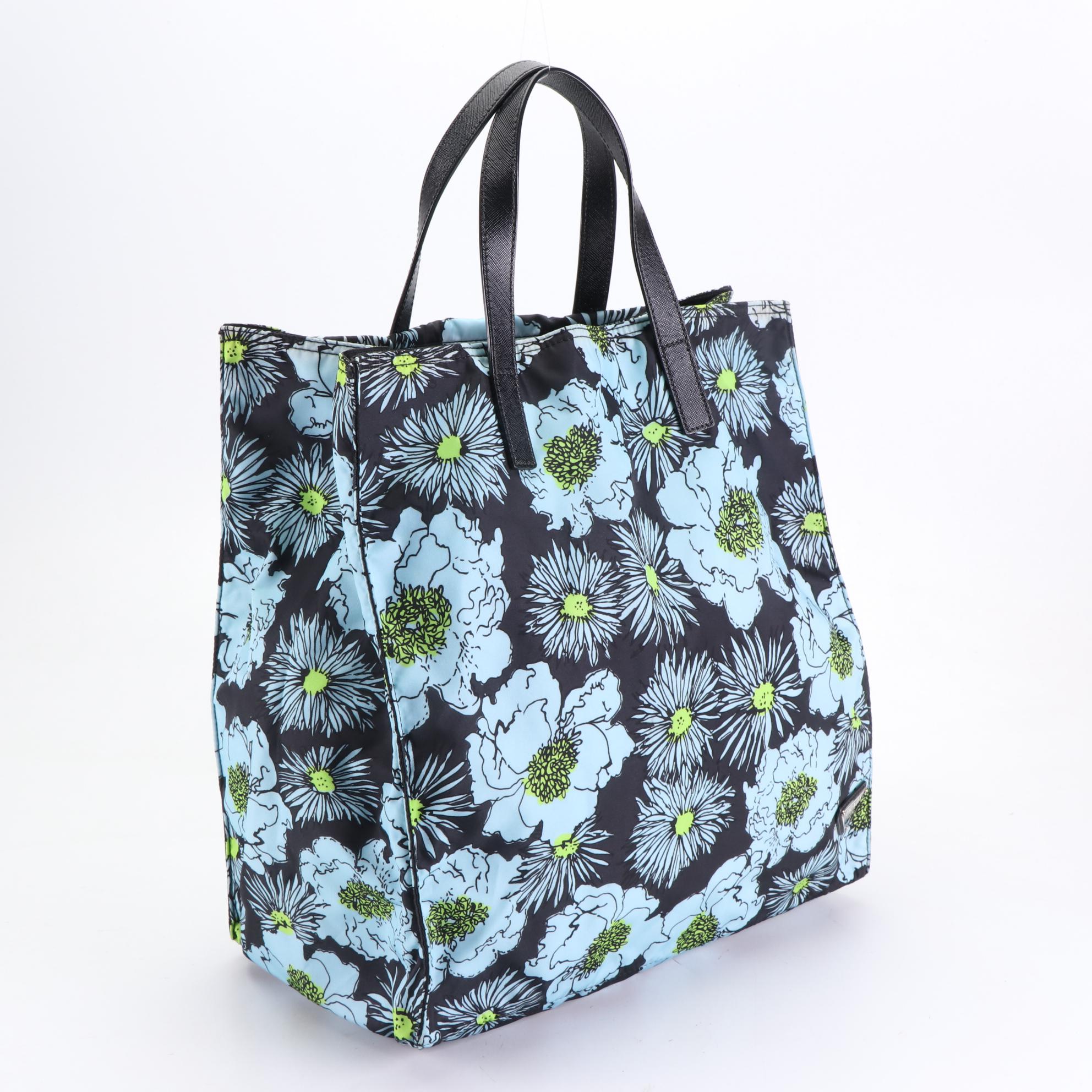 Prada Leather Trimmed Shopping Tote in Floral Print Nylon Gabardine