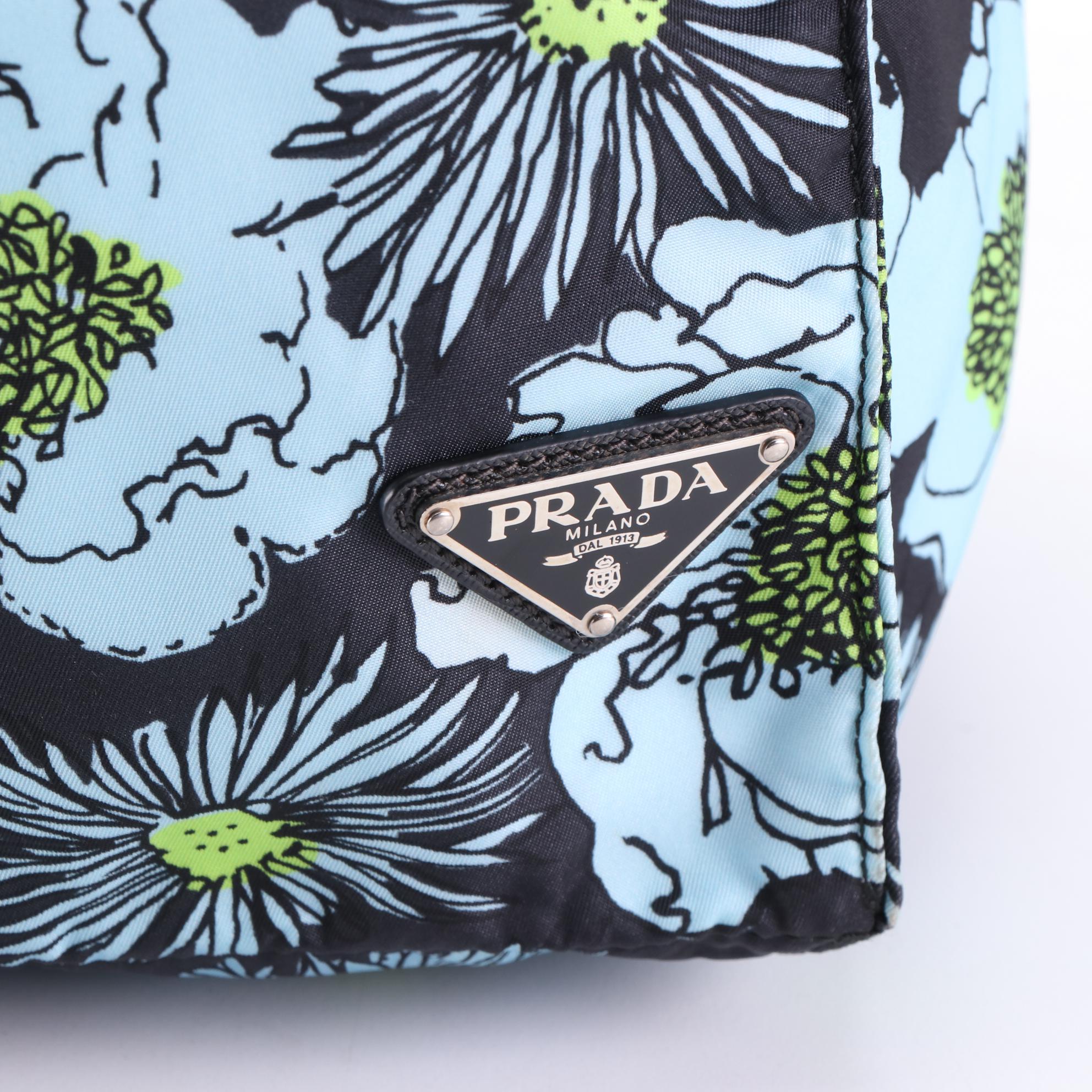 Prada Leather Trimmed Shopping Tote in Floral Print Nylon Gabardine