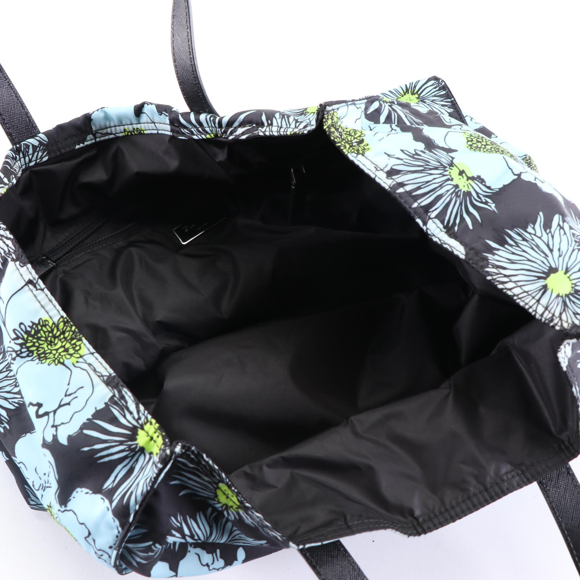 Prada Leather Trimmed Shopping Tote in Floral Print Nylon Gabardine