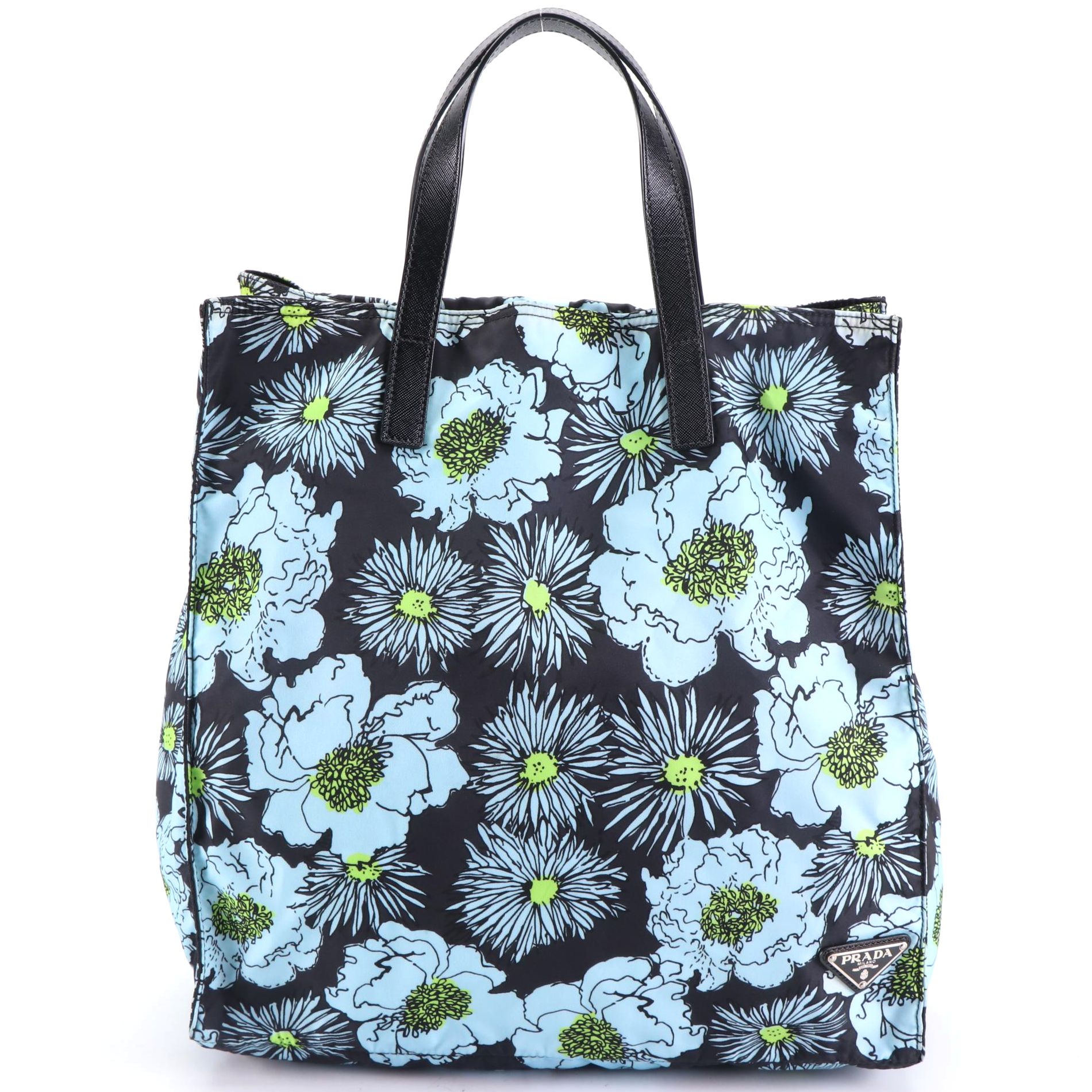 Prada Leather Trimmed Shopping Tote in Floral Print Nylon Gabardine