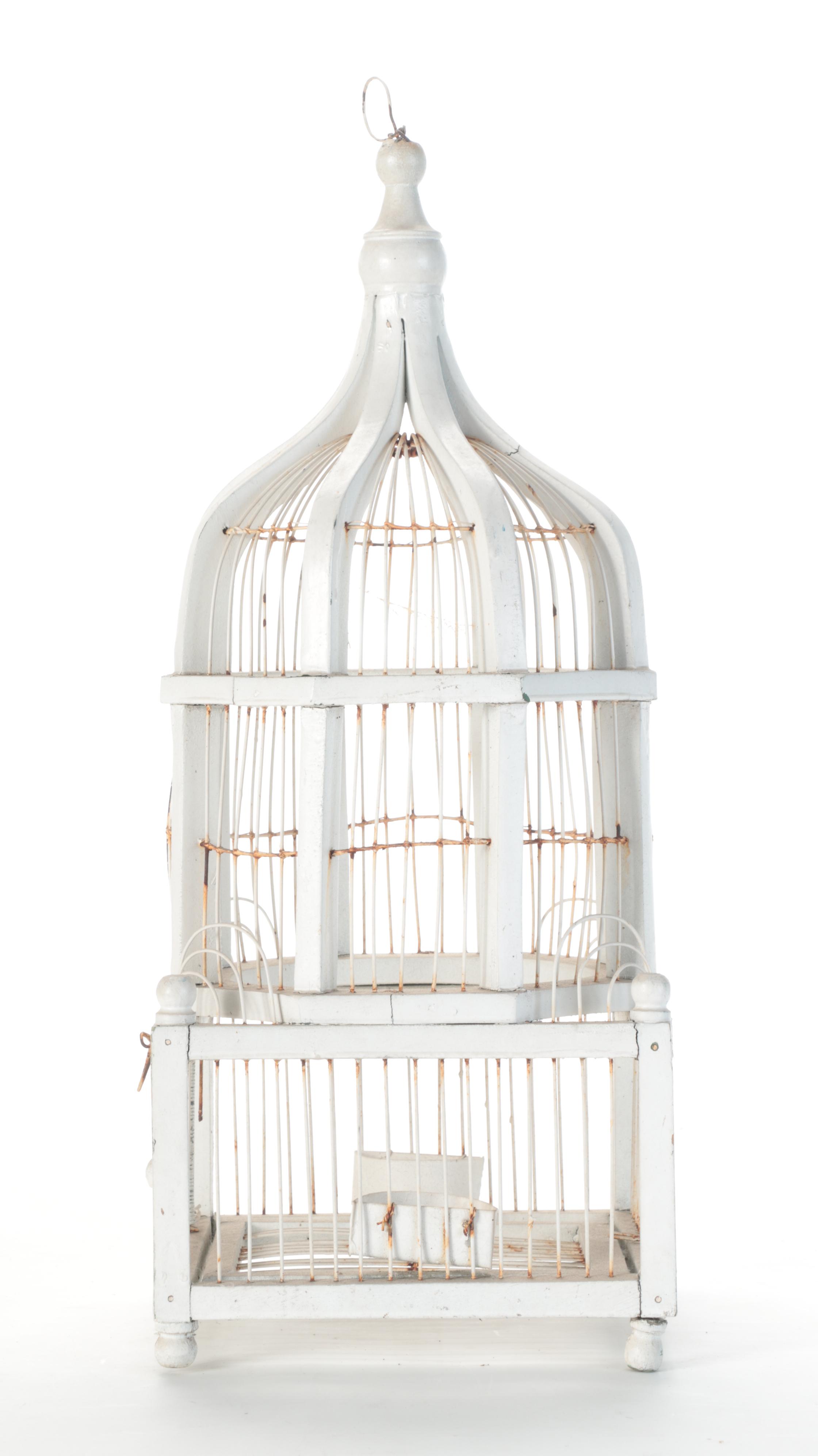 Victorian Style White Painted Wood and Wire Bird Cage
