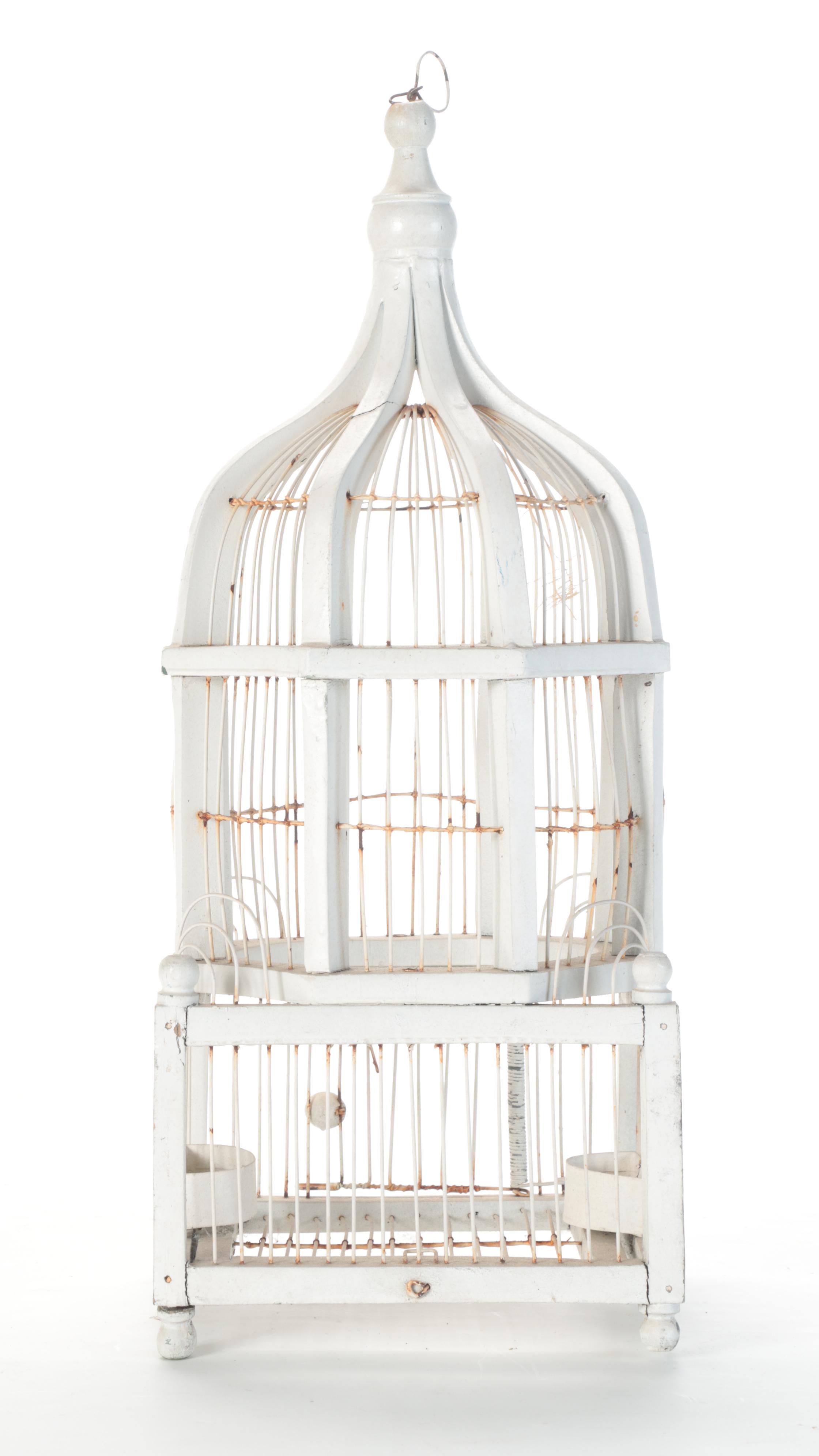 Victorian Style White Painted Wood and Wire Bird Cage