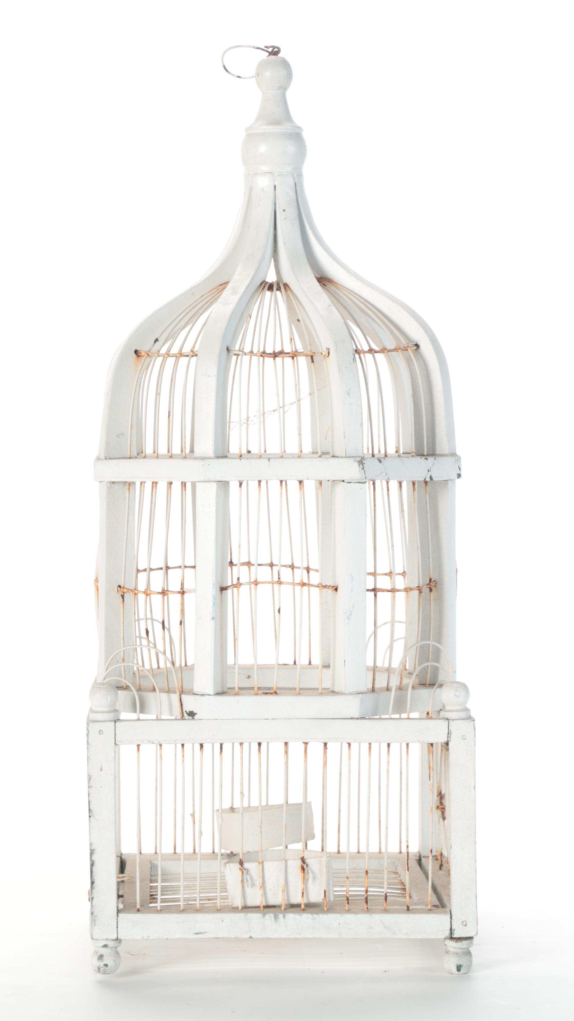Victorian Style White Painted Wood and Wire Bird Cage
