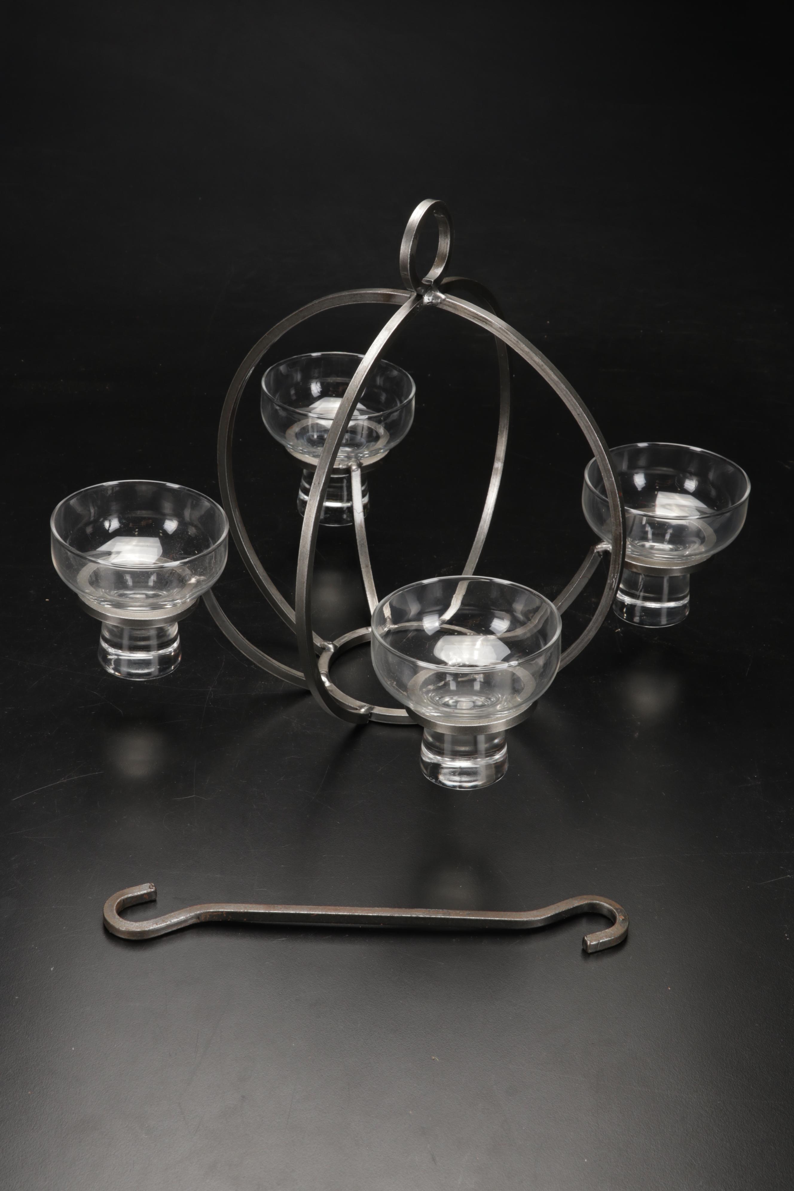 Iron and Glass Scroll Desk Clock With Hanging Iron Votive Candle Holders