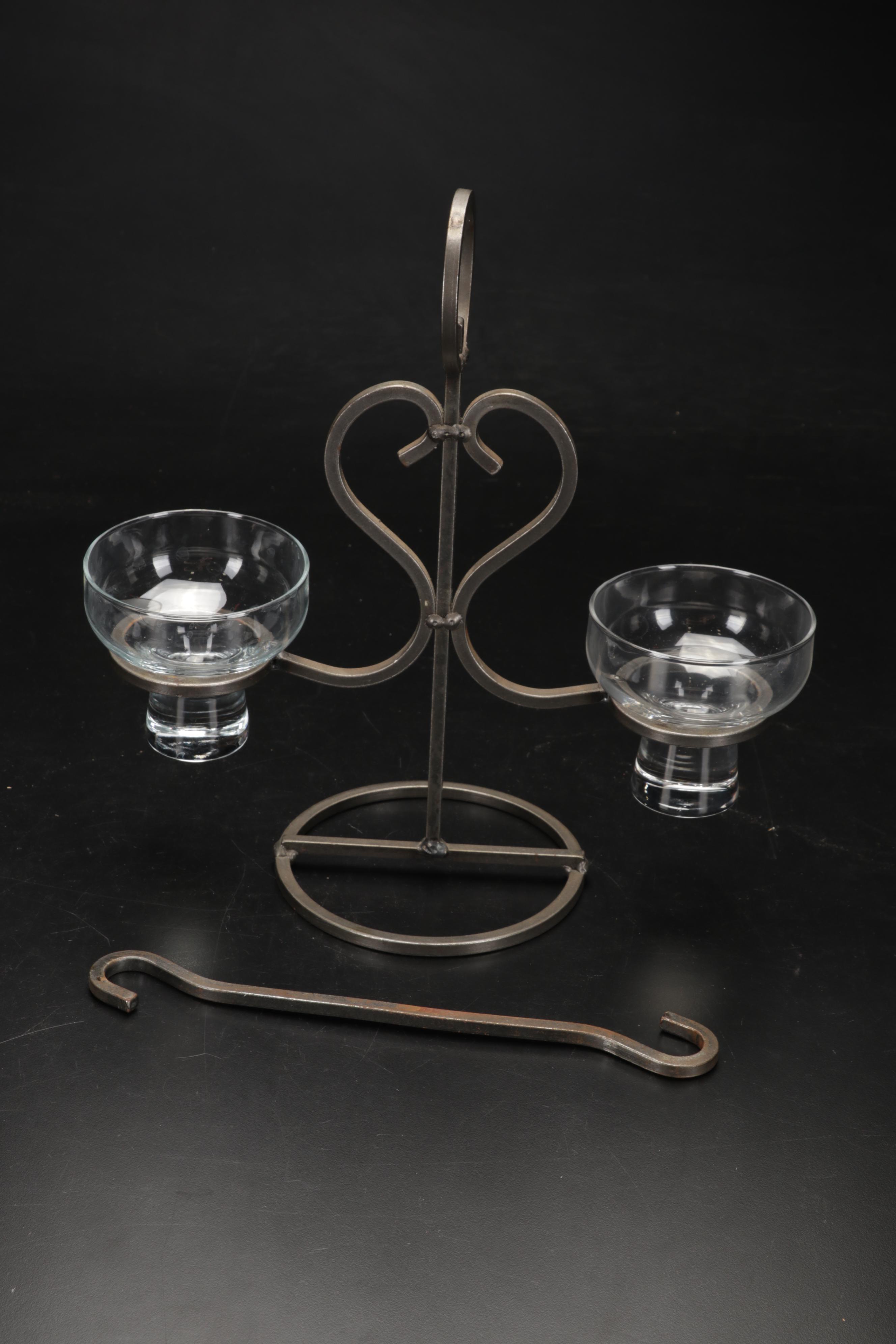 Iron and Glass Scroll Desk Clock With Hanging Iron Votive Candle Holders