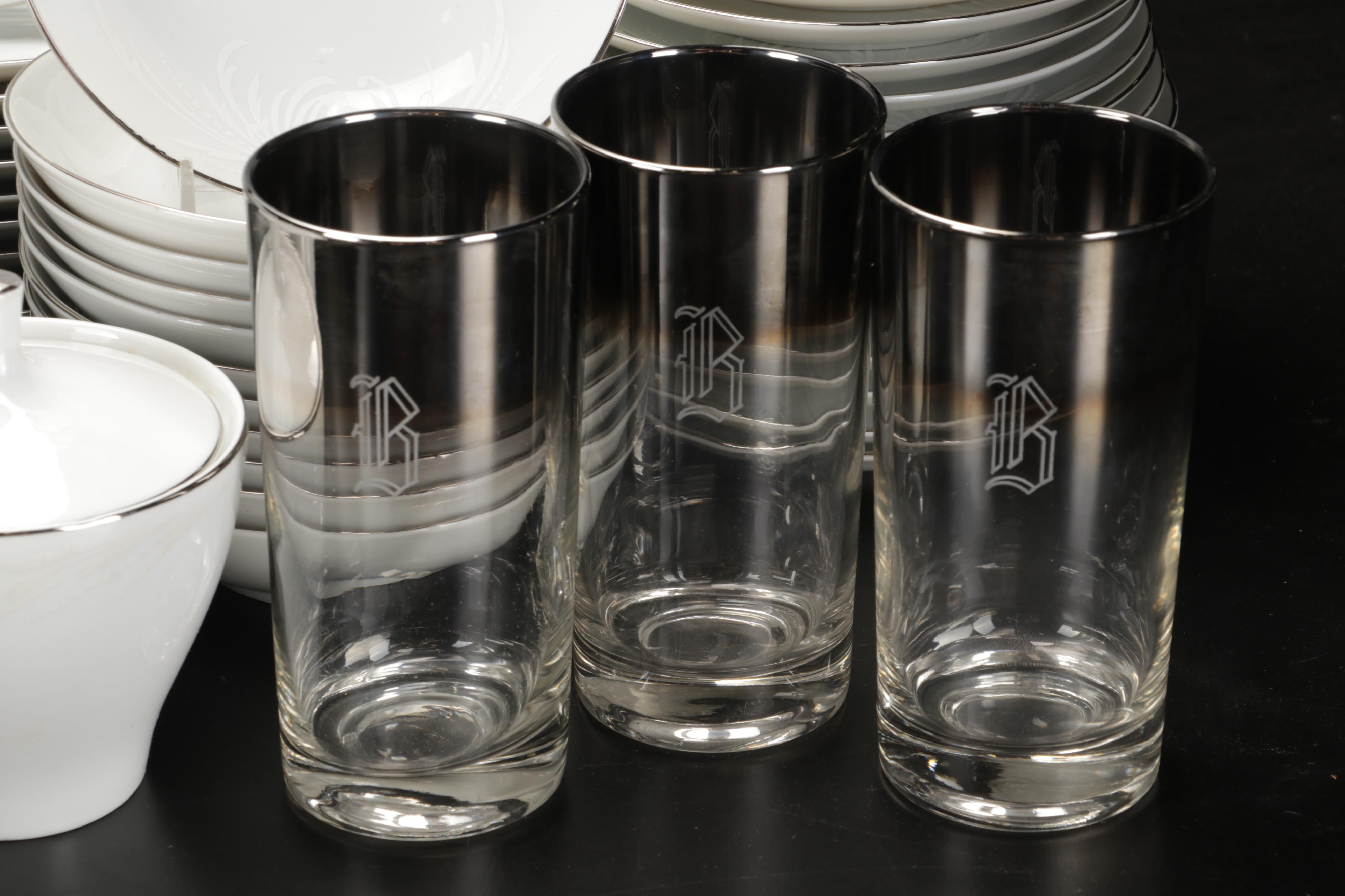 Mikasa "Misty" Dishes with Durchin Weighted Sterling Shakers and Other Tableware