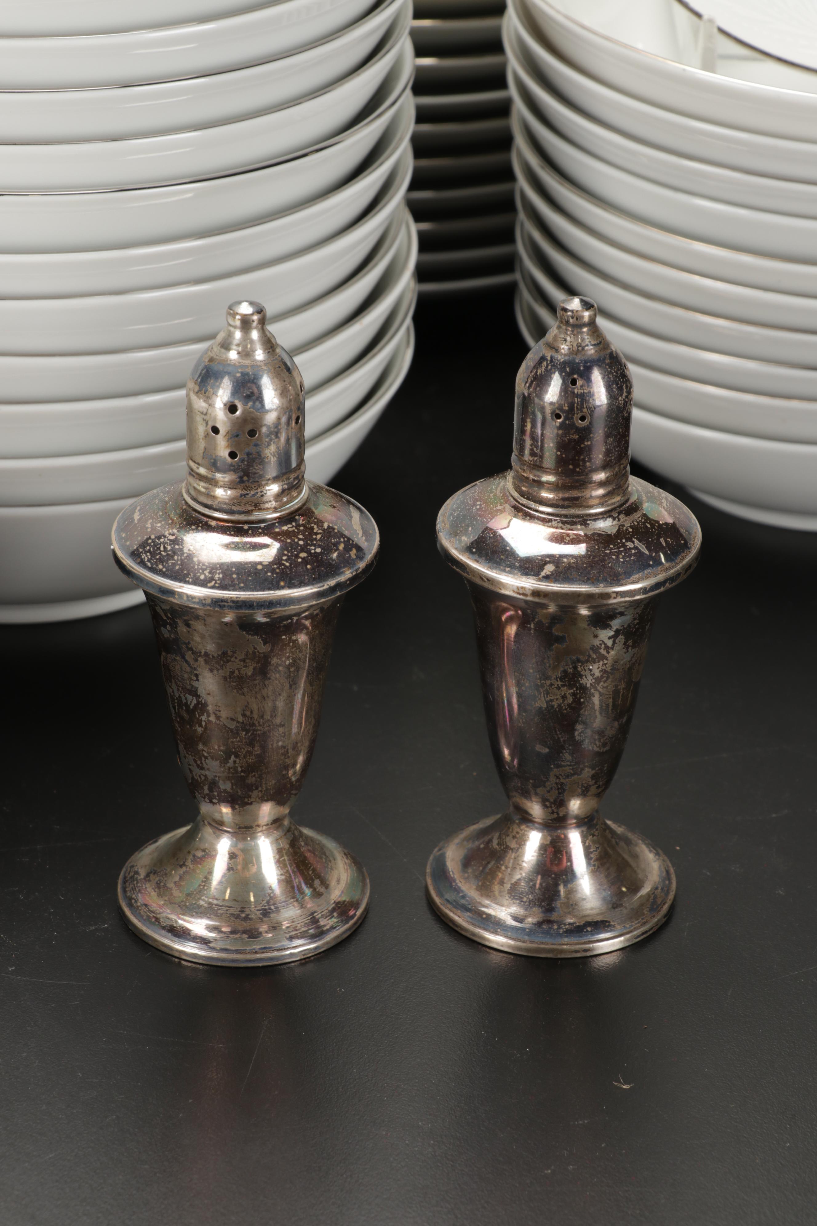 Mikasa "Misty" Dishes with Durchin Weighted Sterling Shakers and Other Tableware