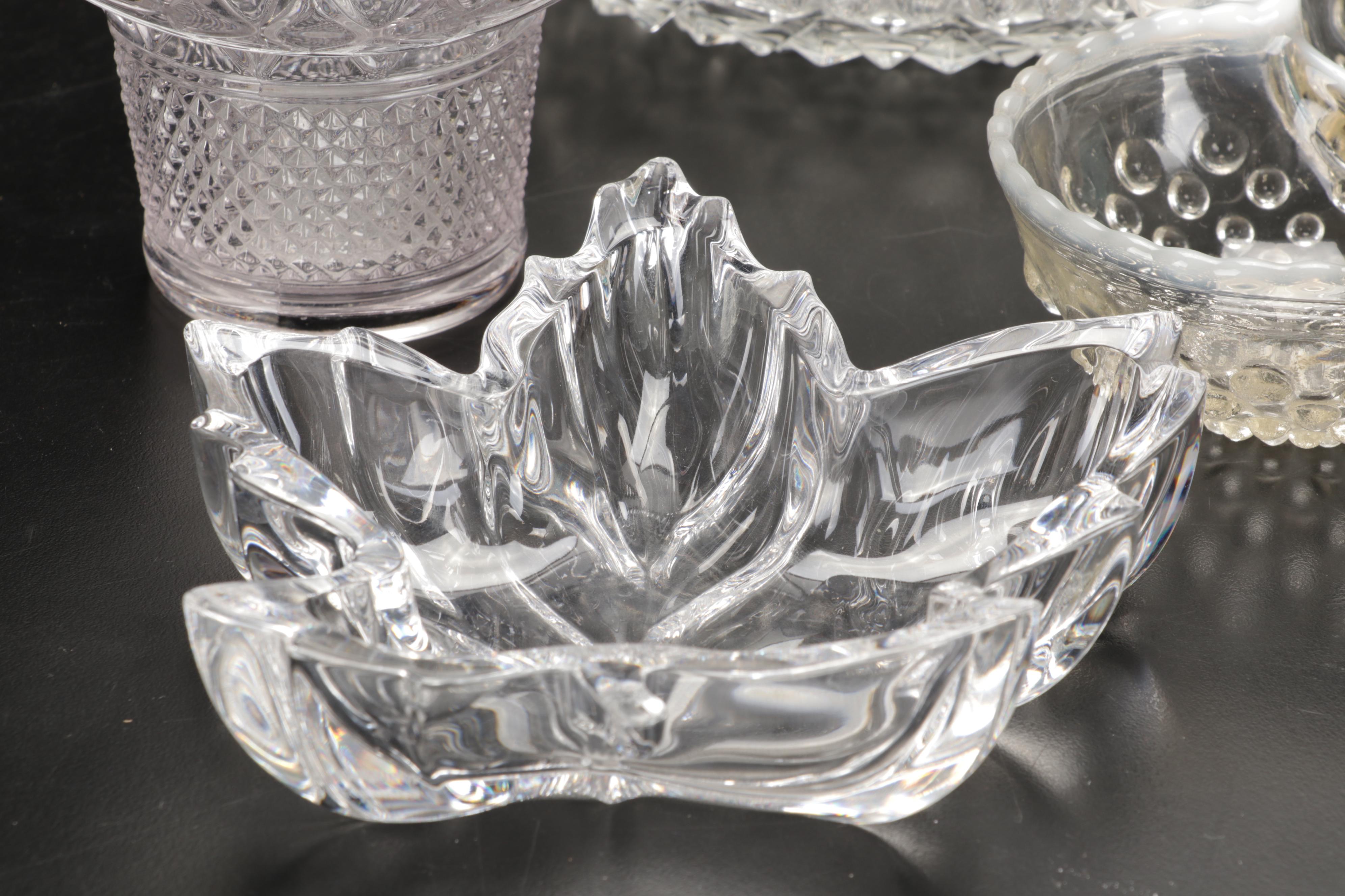 Marquis by Waterford Leaf Bowl with Imperial Candlewick Vase and Other Glassware