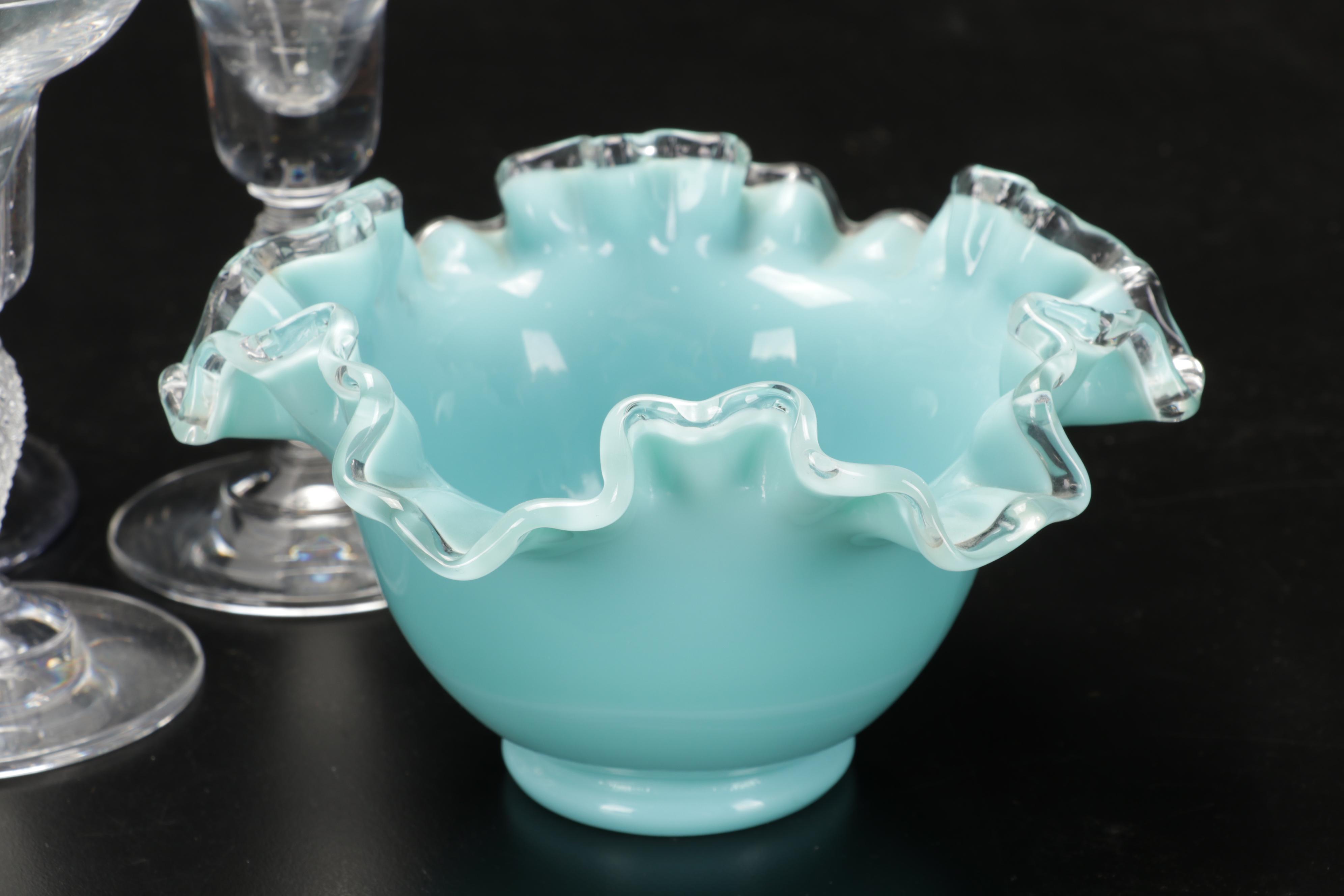 Marquis by Waterford Leaf Bowl with Imperial Candlewick Vase and Other Glassware