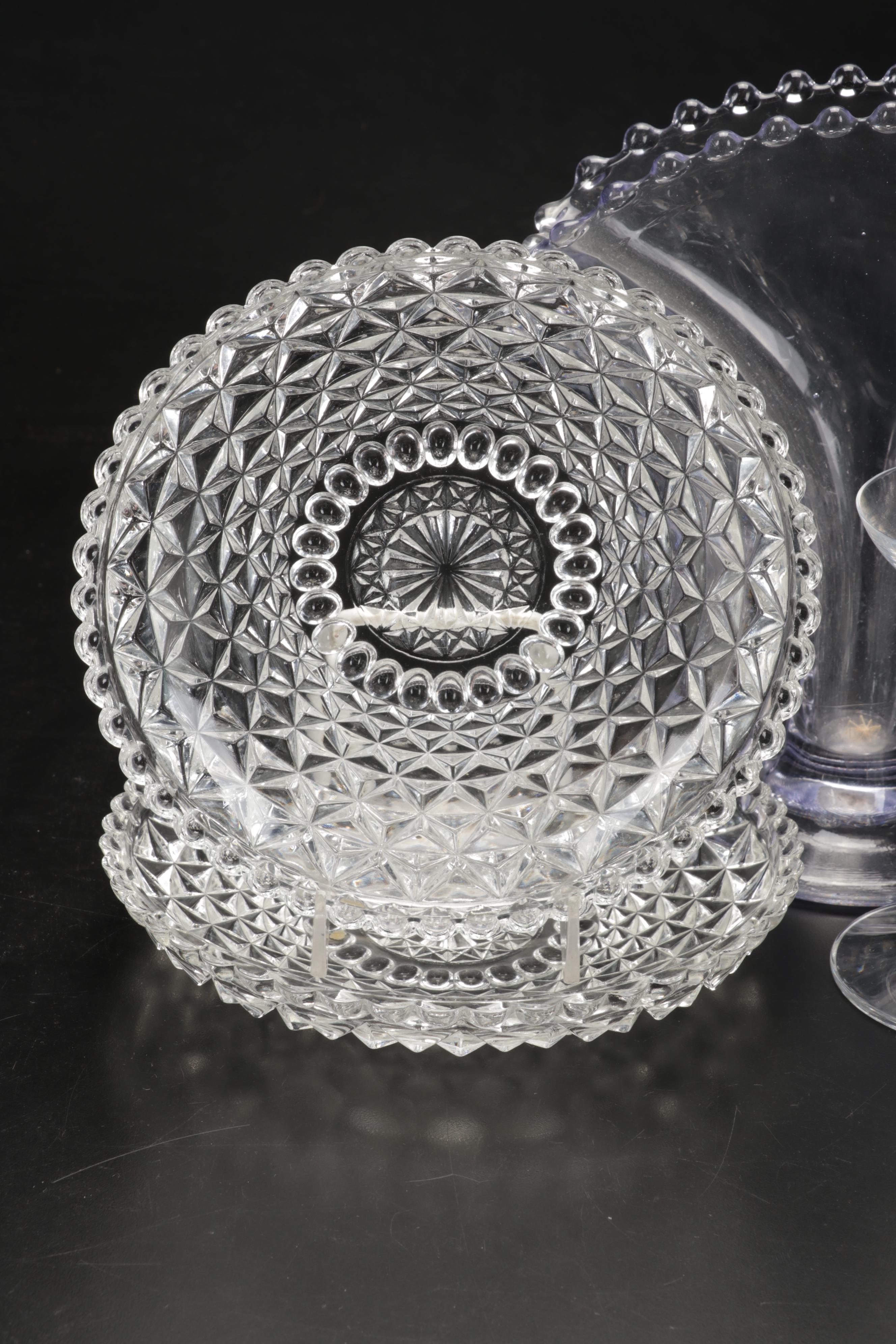 Marquis by Waterford Leaf Bowl with Imperial Candlewick Vase and Other Glassware