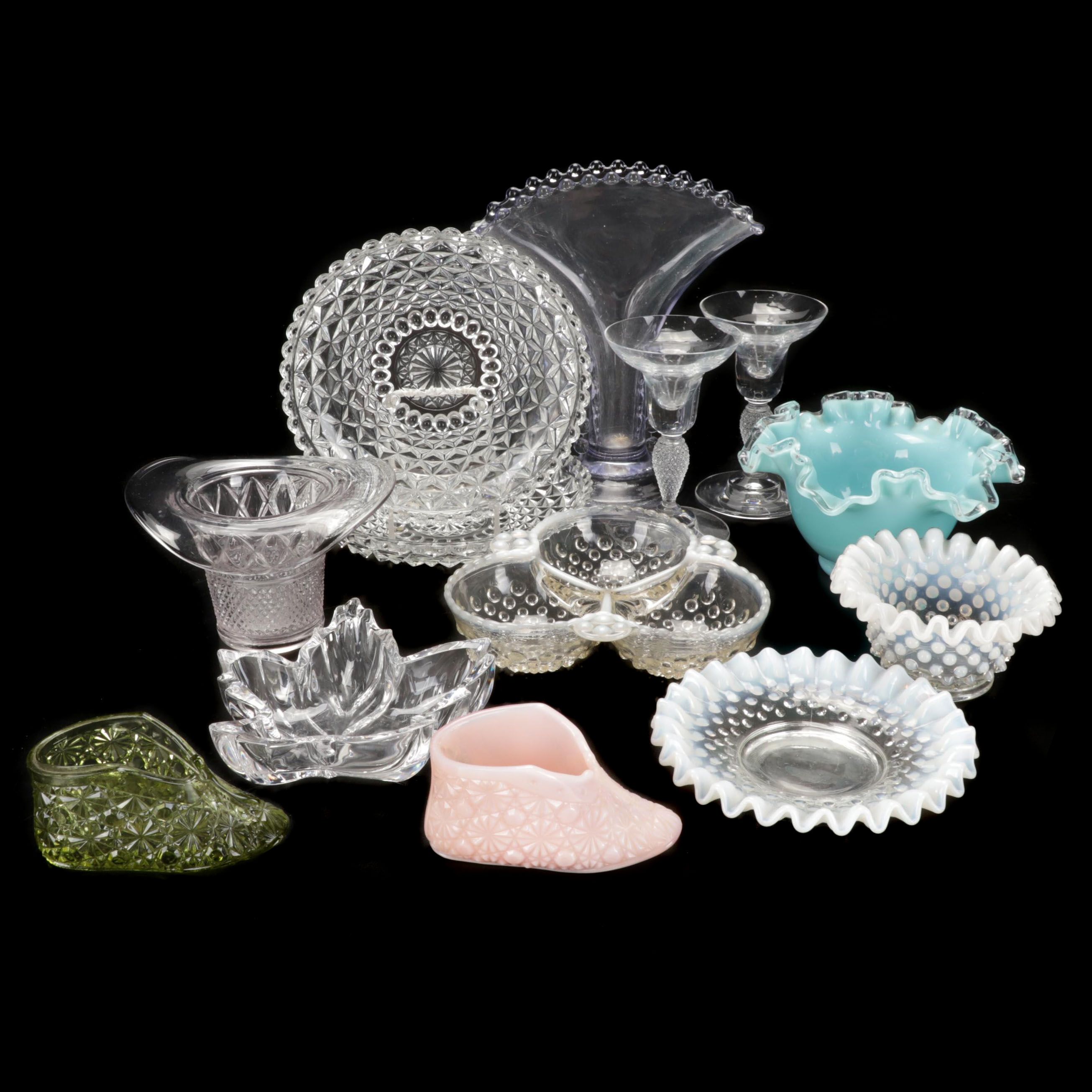 Marquis by Waterford Leaf Bowl with Imperial Candlewick Vase and Other Glassware