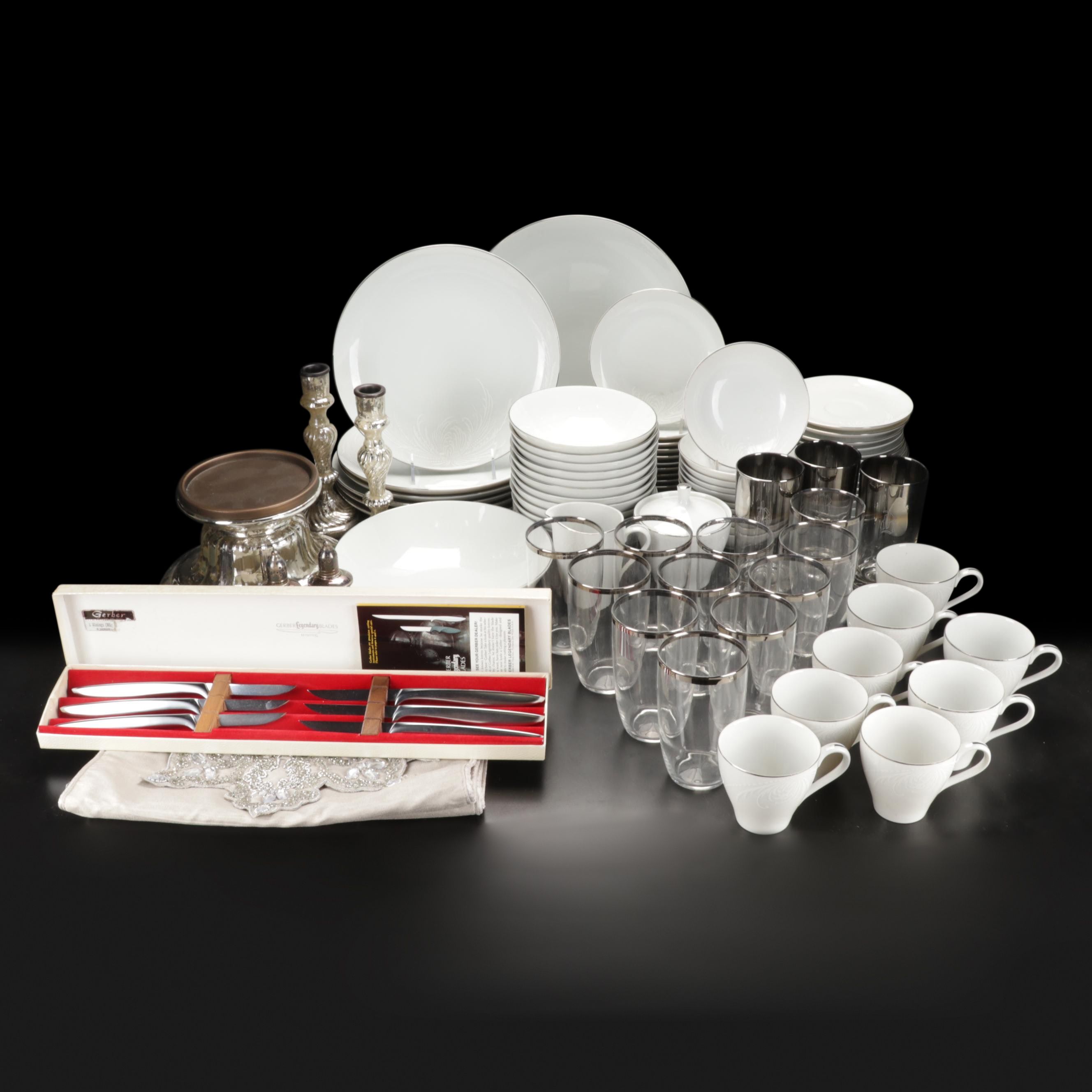 Mikasa "Misty" Dishes with Durchin Weighted Sterling Shakers and Other Tableware