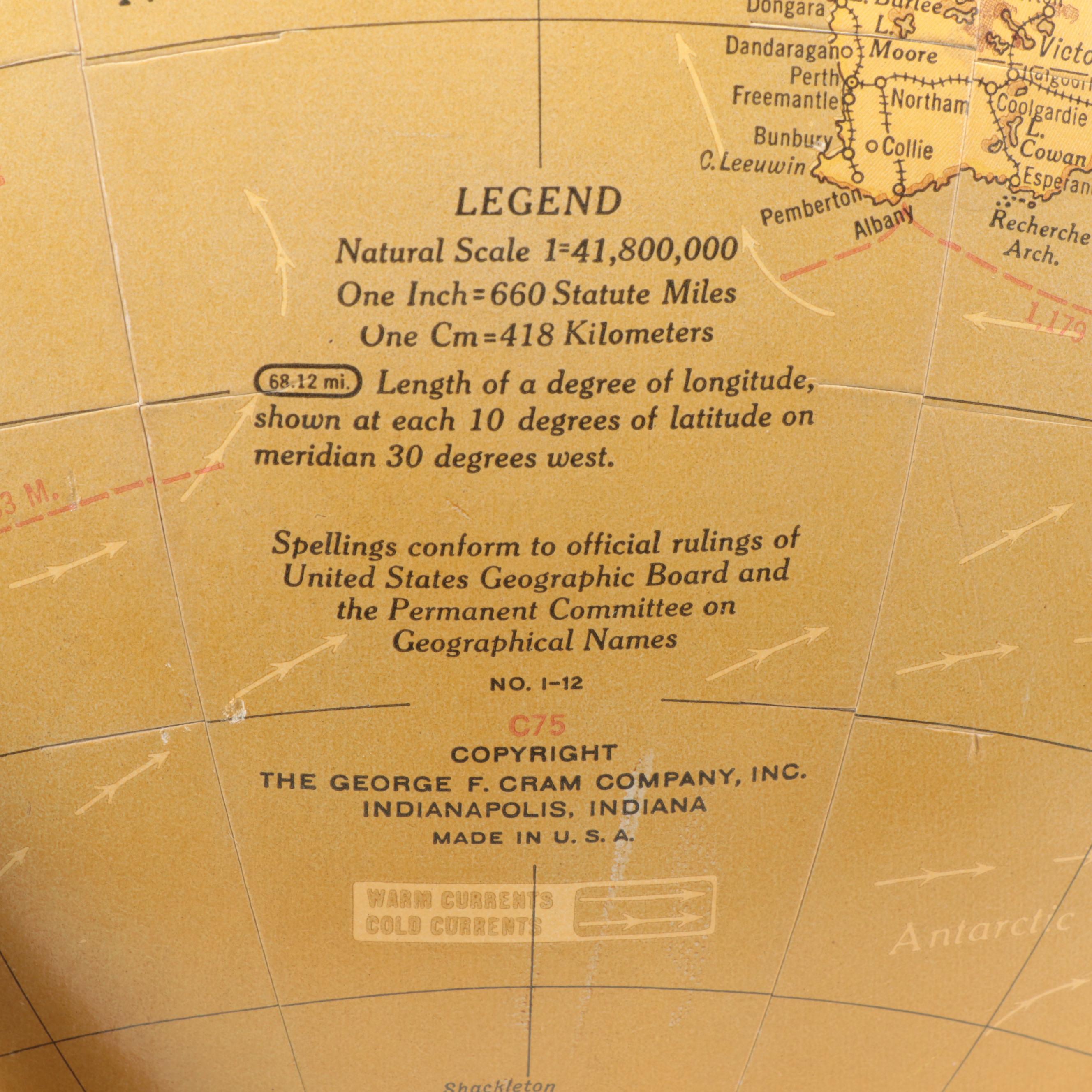 Art Deco Style Cram's "Imperial" 12" World Globe on Atlas Metal Base