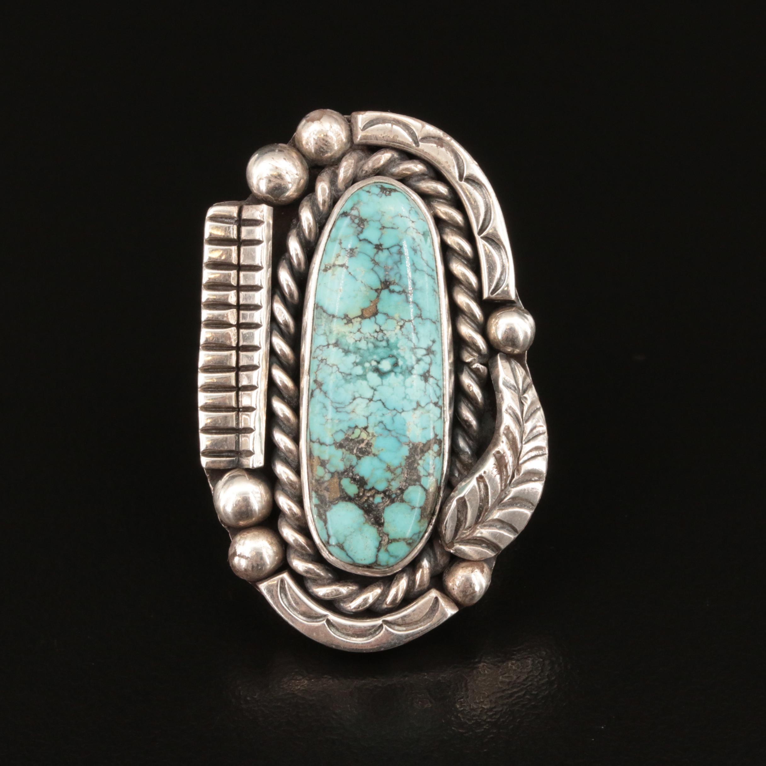 Western Sterling Turquoise Ring with Stampwork and Appliqué