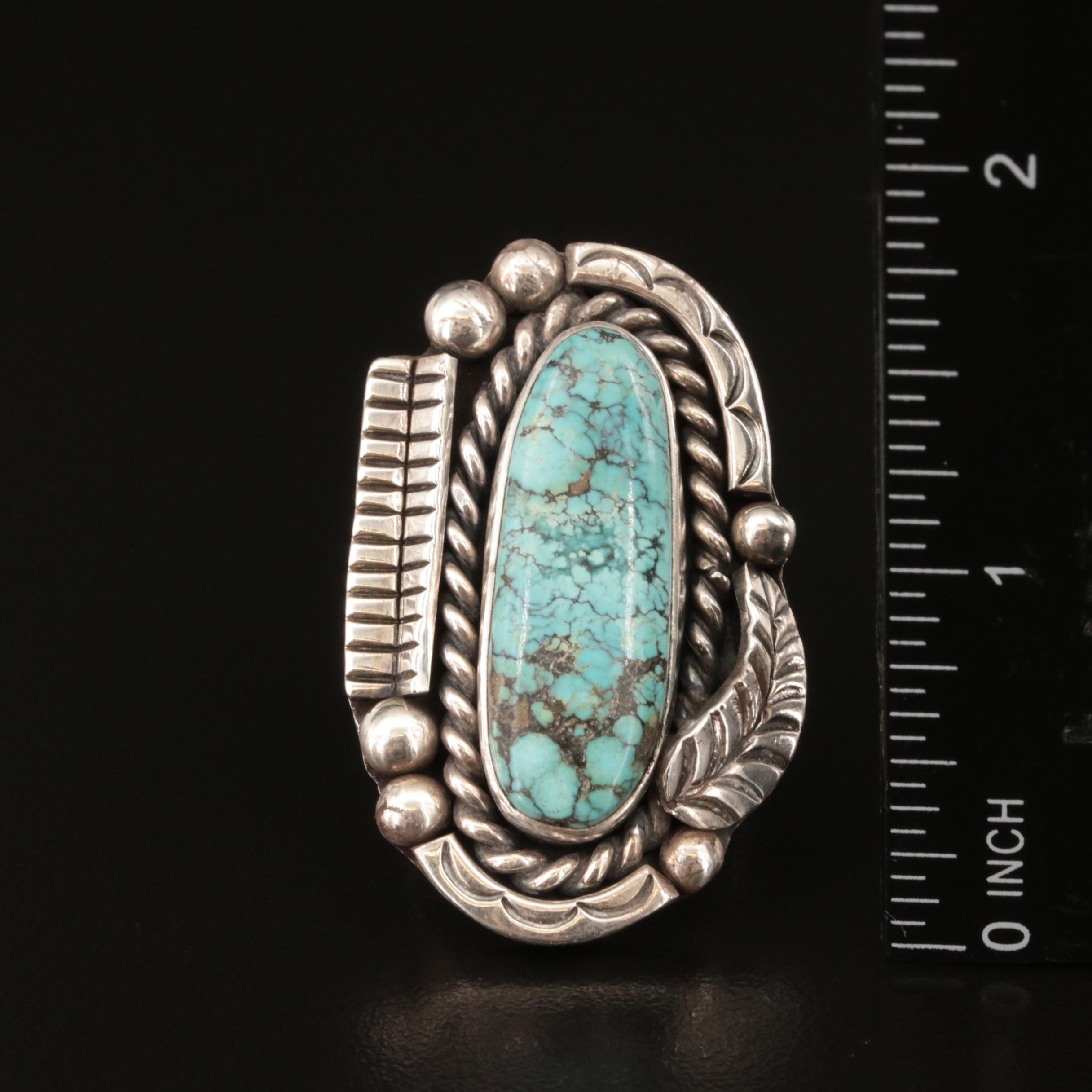 Western Sterling Turquoise Ring with Stampwork and Appliqué