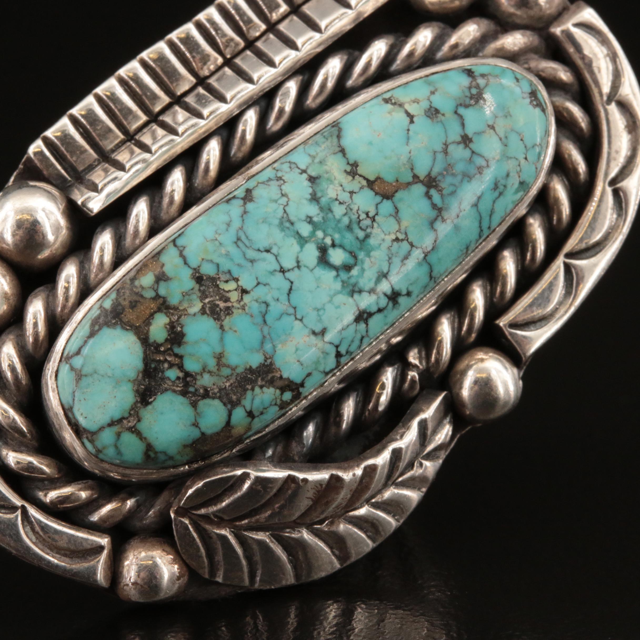 Western Sterling Turquoise Ring with Stampwork and Appliqué