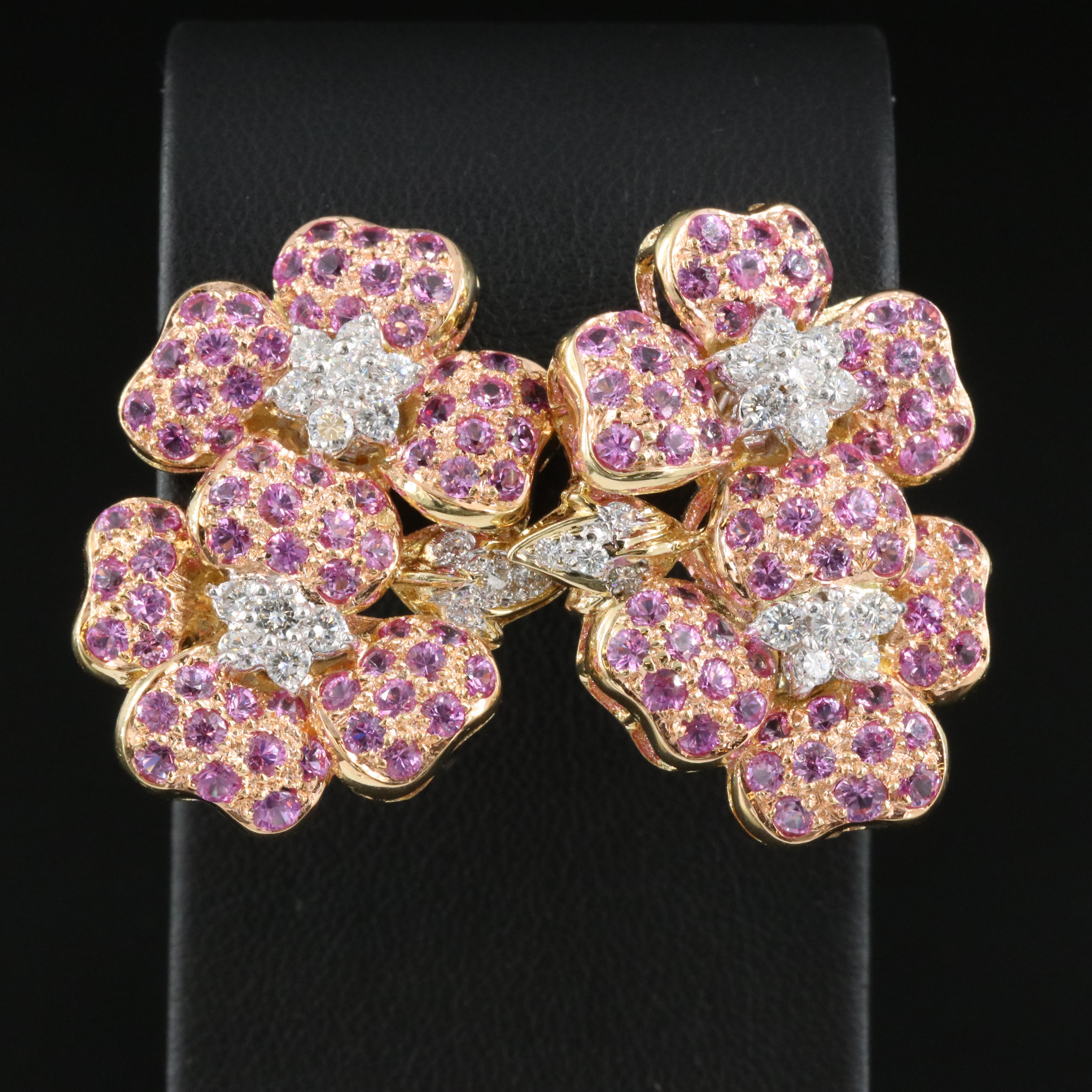 18K 1.10 CTW Diamond and Pink Sapphire Dogwood Blossom Earrings