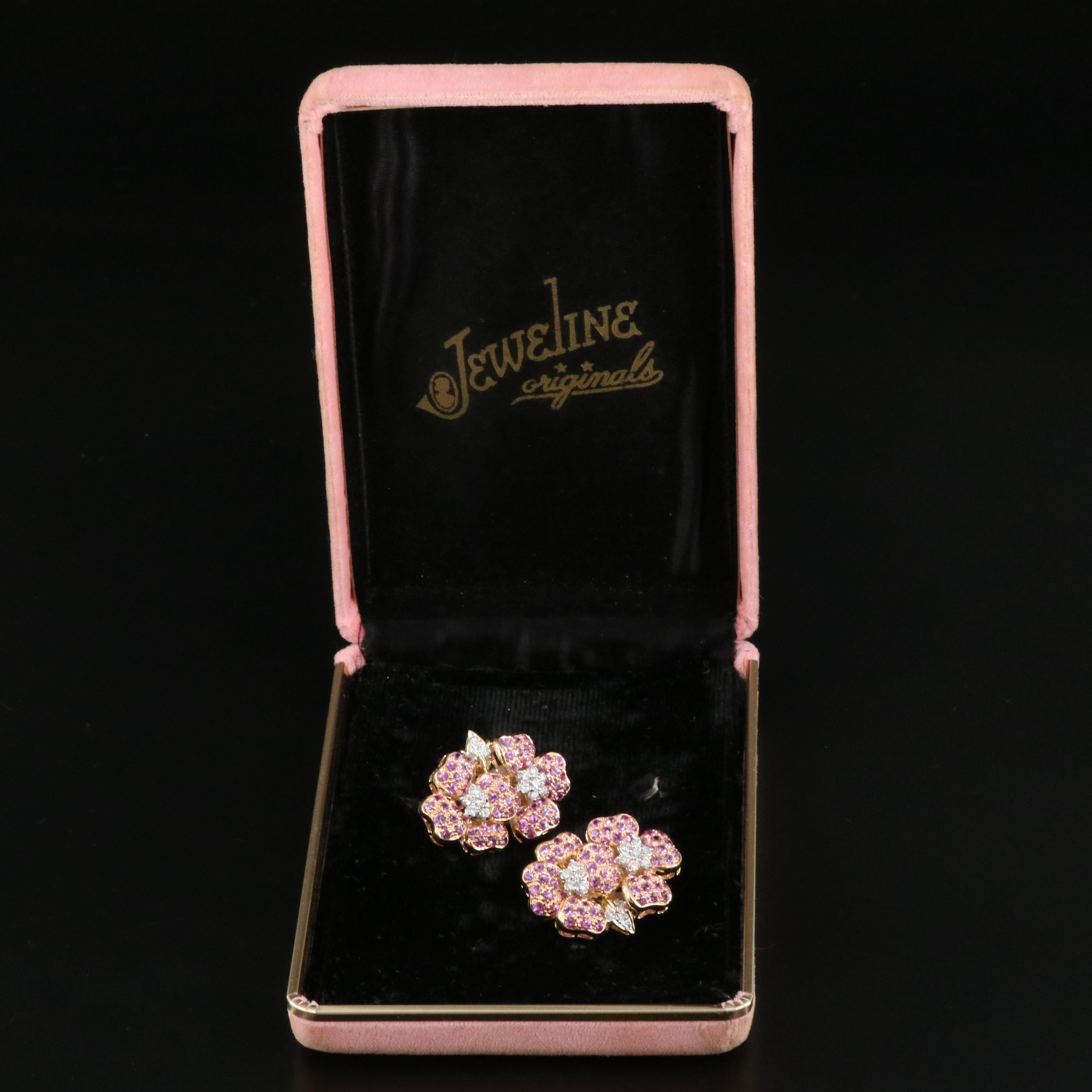 18K 1.10 CTW Diamond and Pink Sapphire Dogwood Blossom Earrings