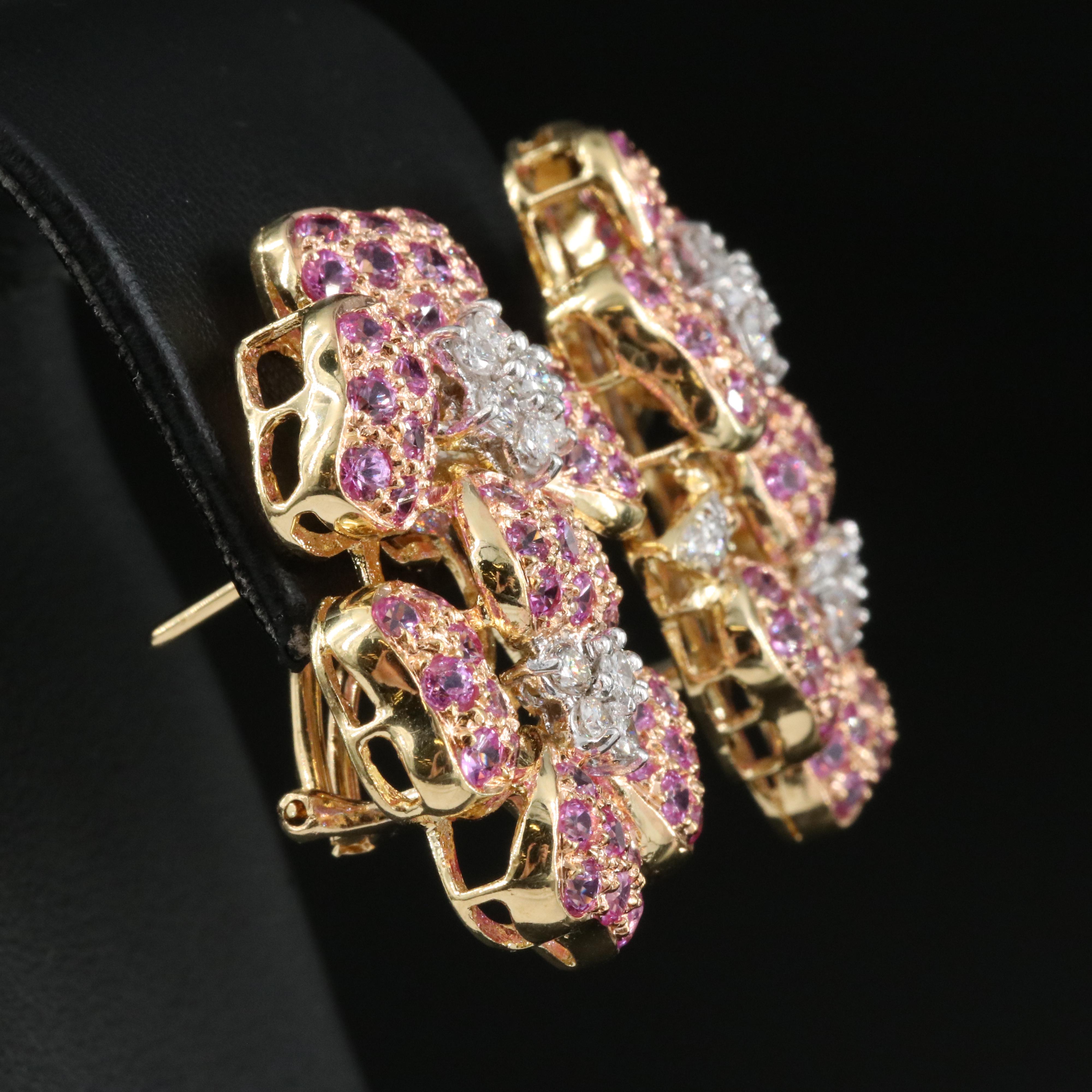 18K 1.10 CTW Diamond and Pink Sapphire Dogwood Blossom Earrings