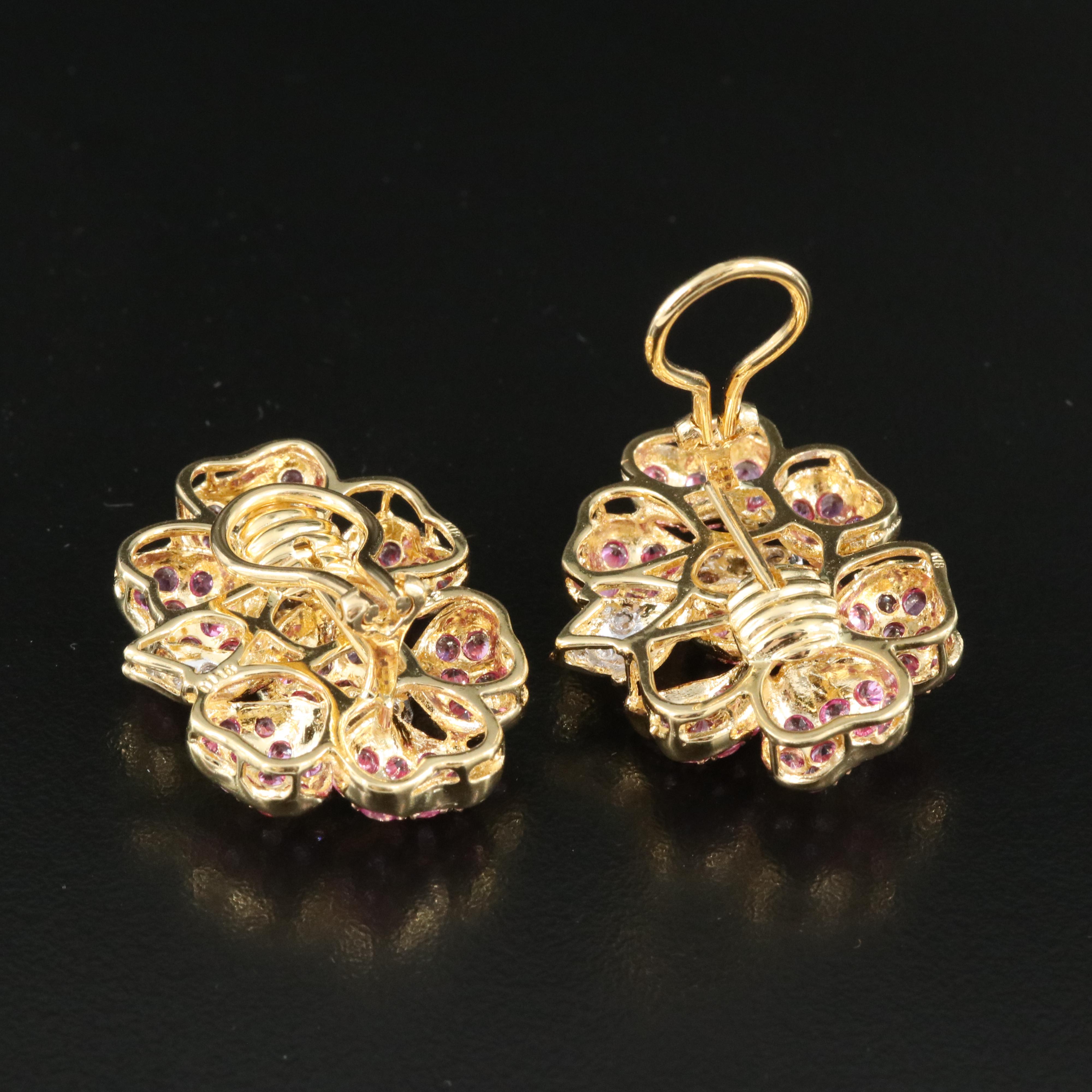 18K 1.10 CTW Diamond and Pink Sapphire Dogwood Blossom Earrings