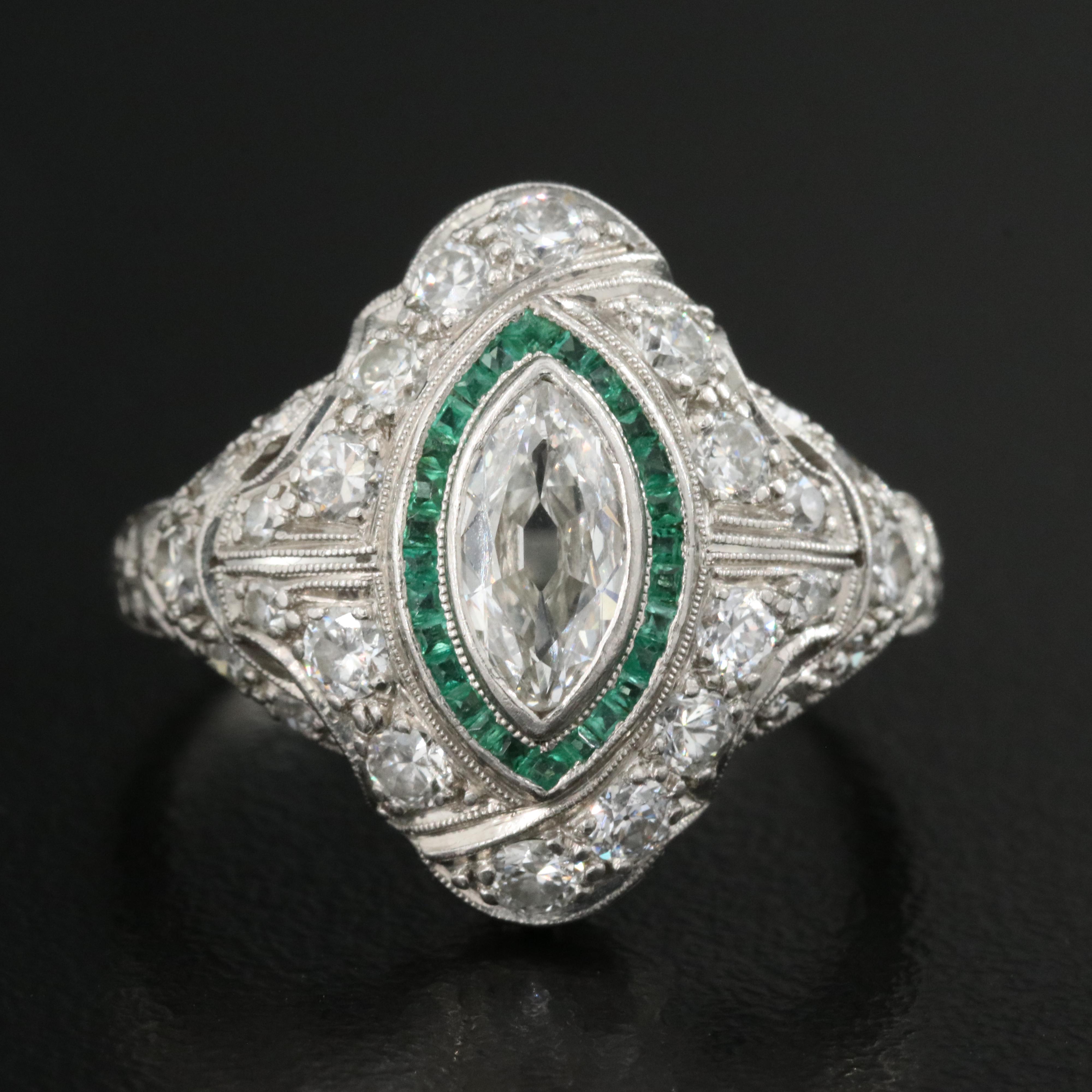 Art Deco Platinum 1.41 CTW Diamond and Emerald Bombé Ring