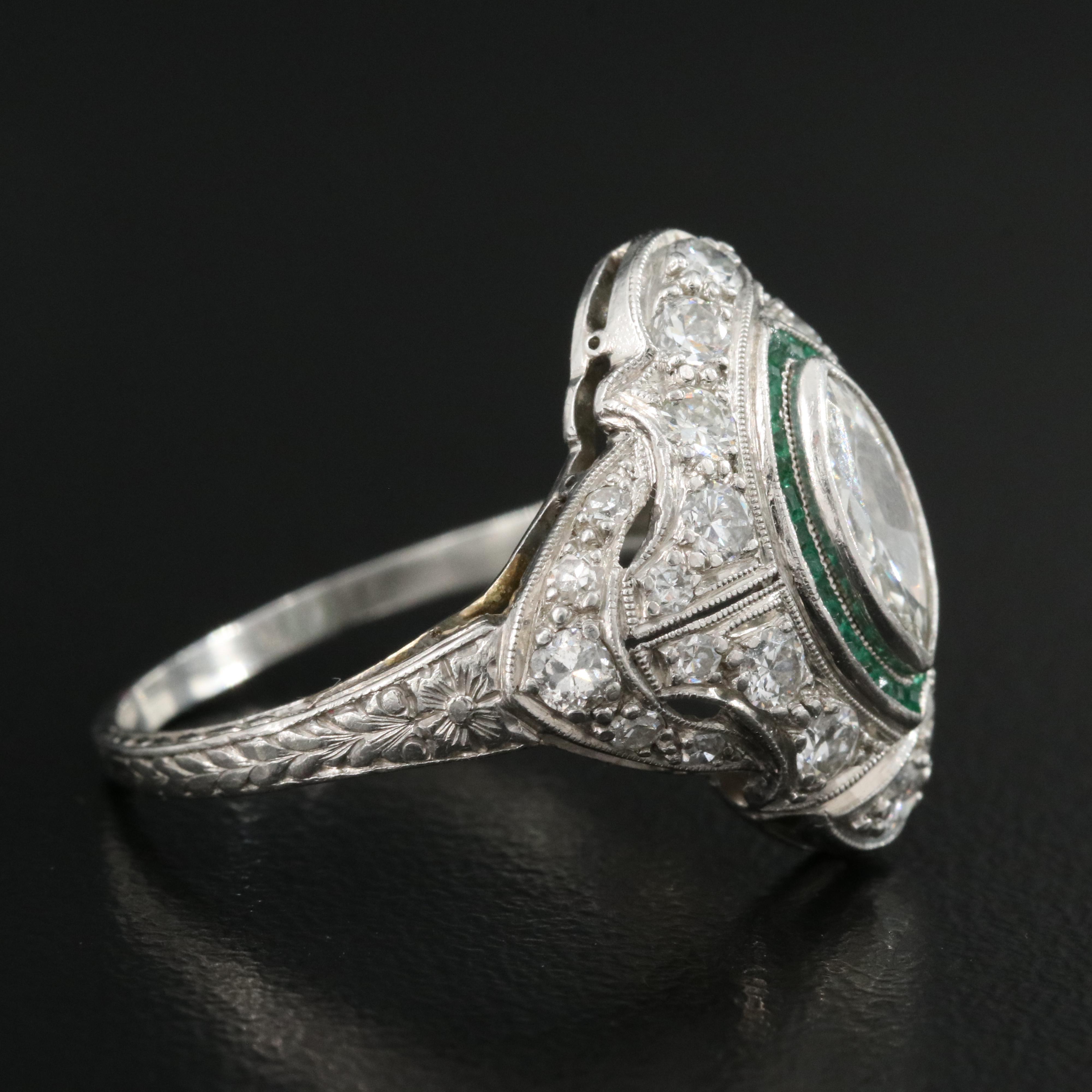 Art Deco Platinum 1.41 CTW Diamond and Emerald Bombé Ring