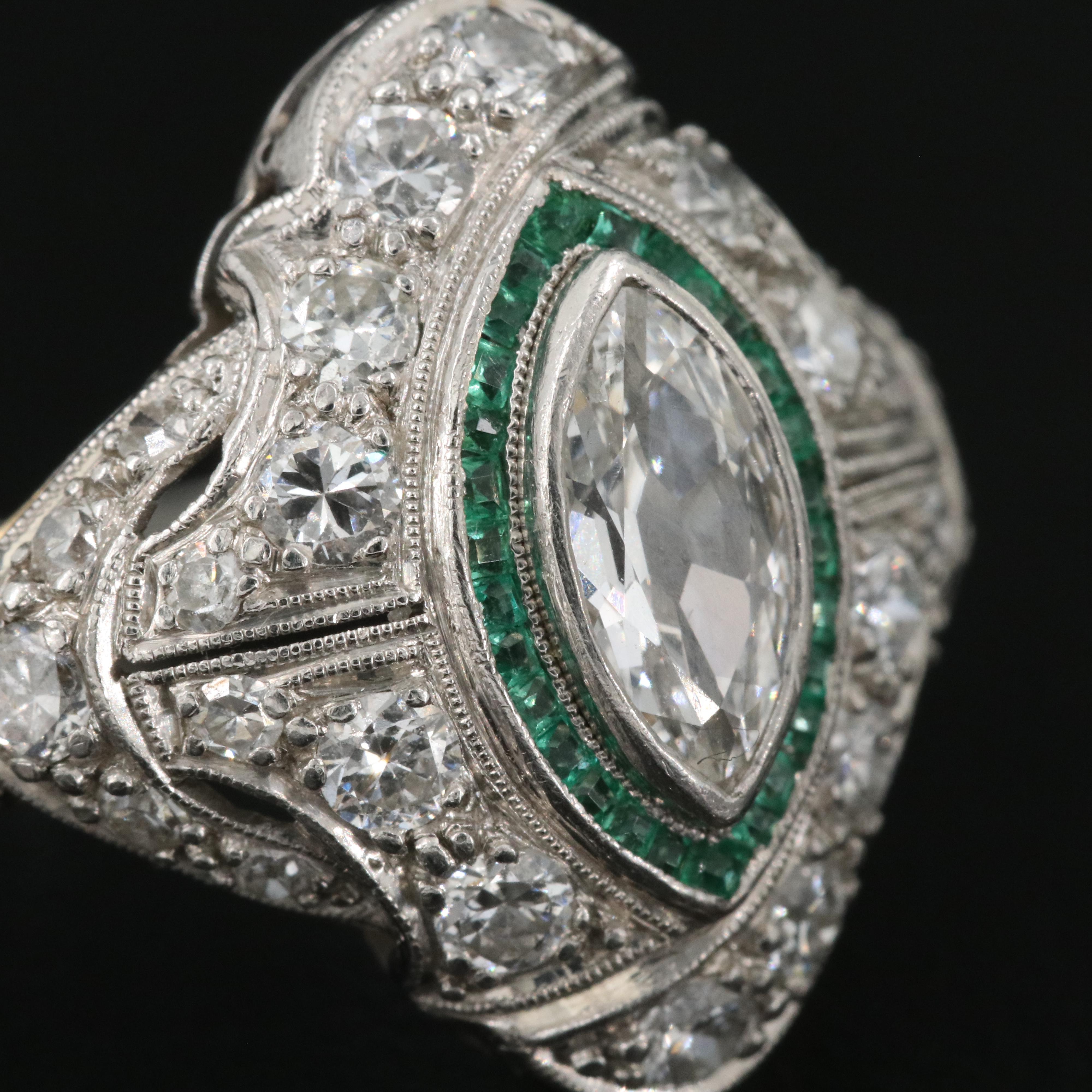 Art Deco Platinum 1.41 CTW Diamond and Emerald Bombé Ring