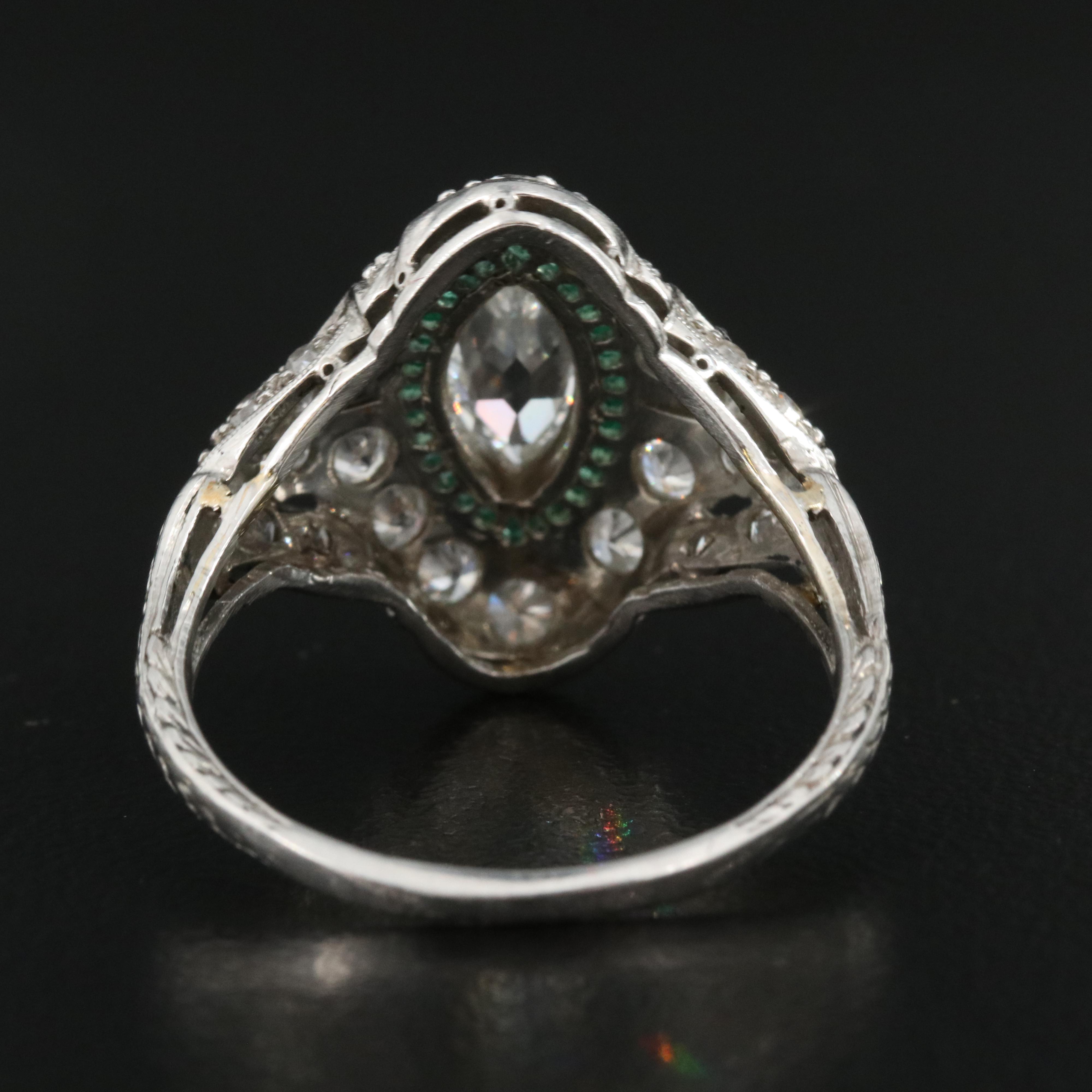 Art Deco Platinum 1.41 CTW Diamond and Emerald Bombé Ring