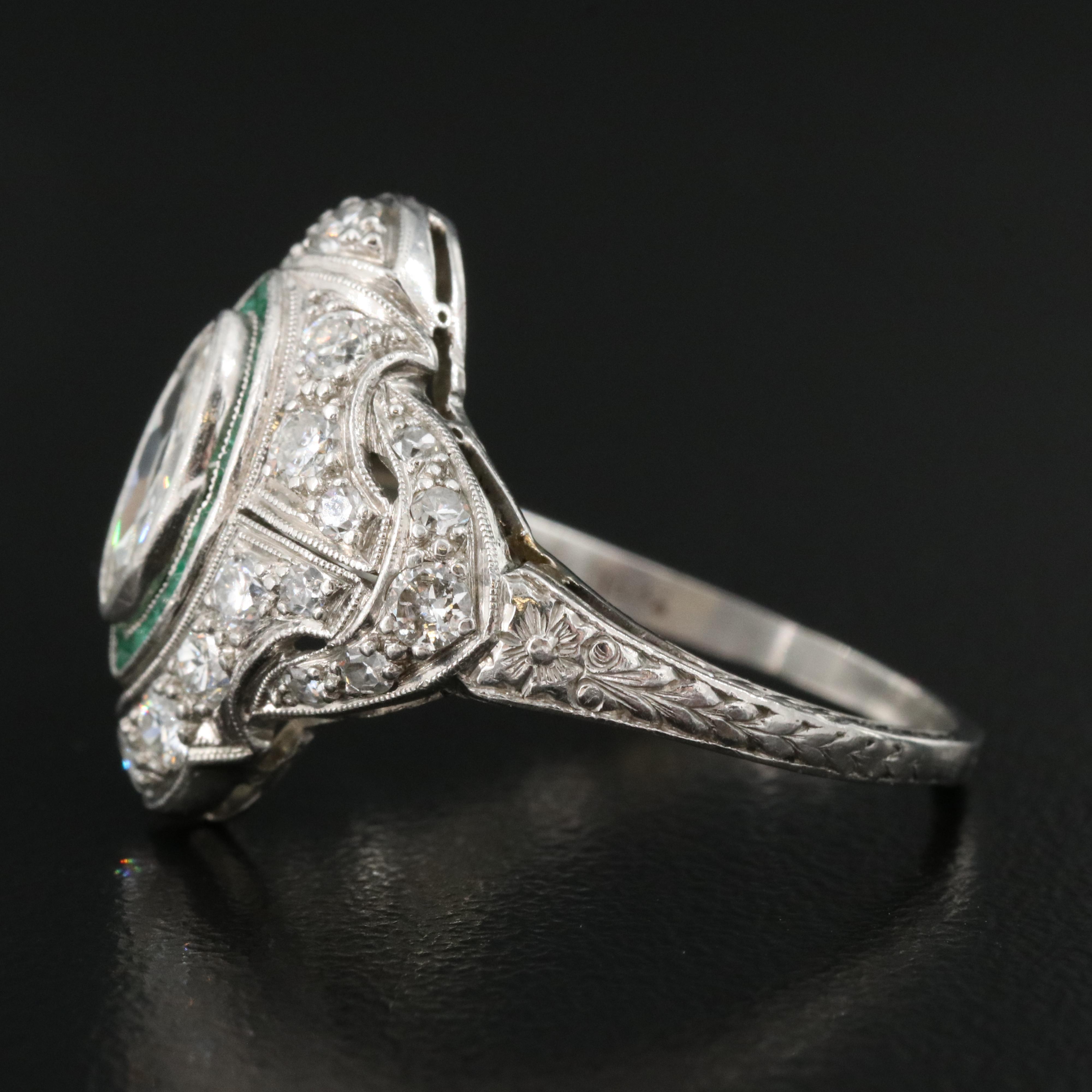 Art Deco Platinum 1.41 CTW Diamond and Emerald Bombé Ring