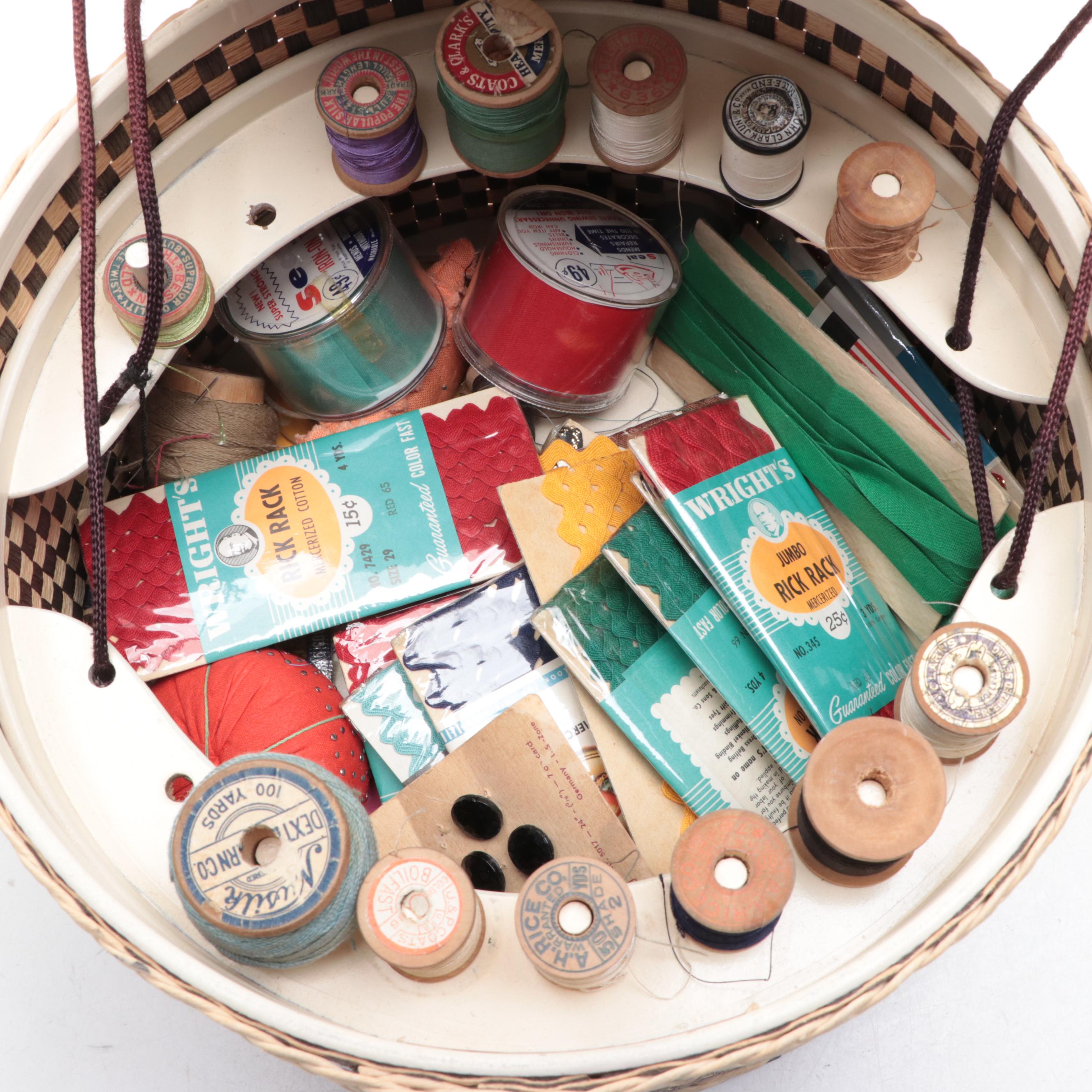 Paper Raffia Weave Sewing Caddy with Sewing Supplies and Notions