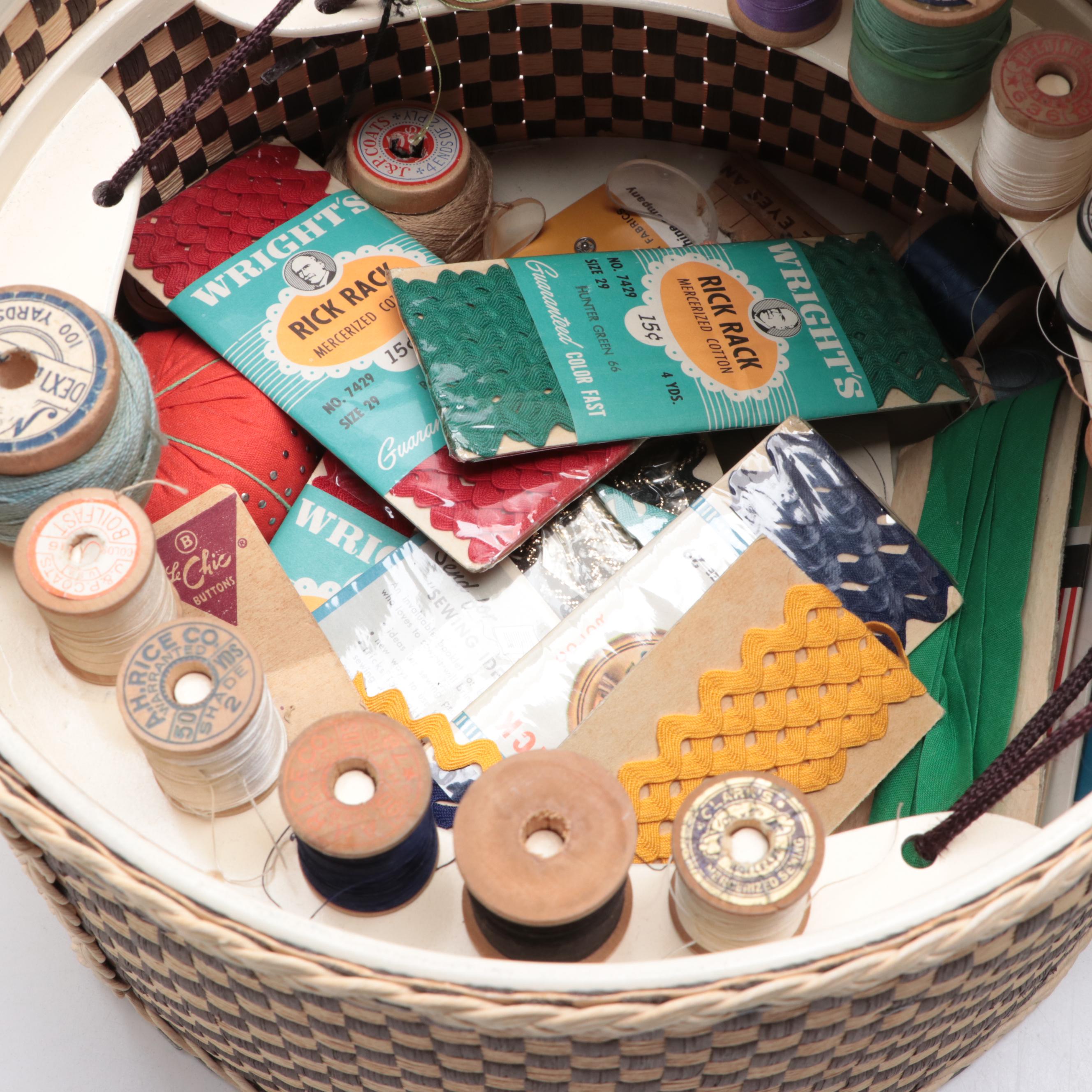 Paper Raffia Weave Sewing Caddy with Sewing Supplies and Notions